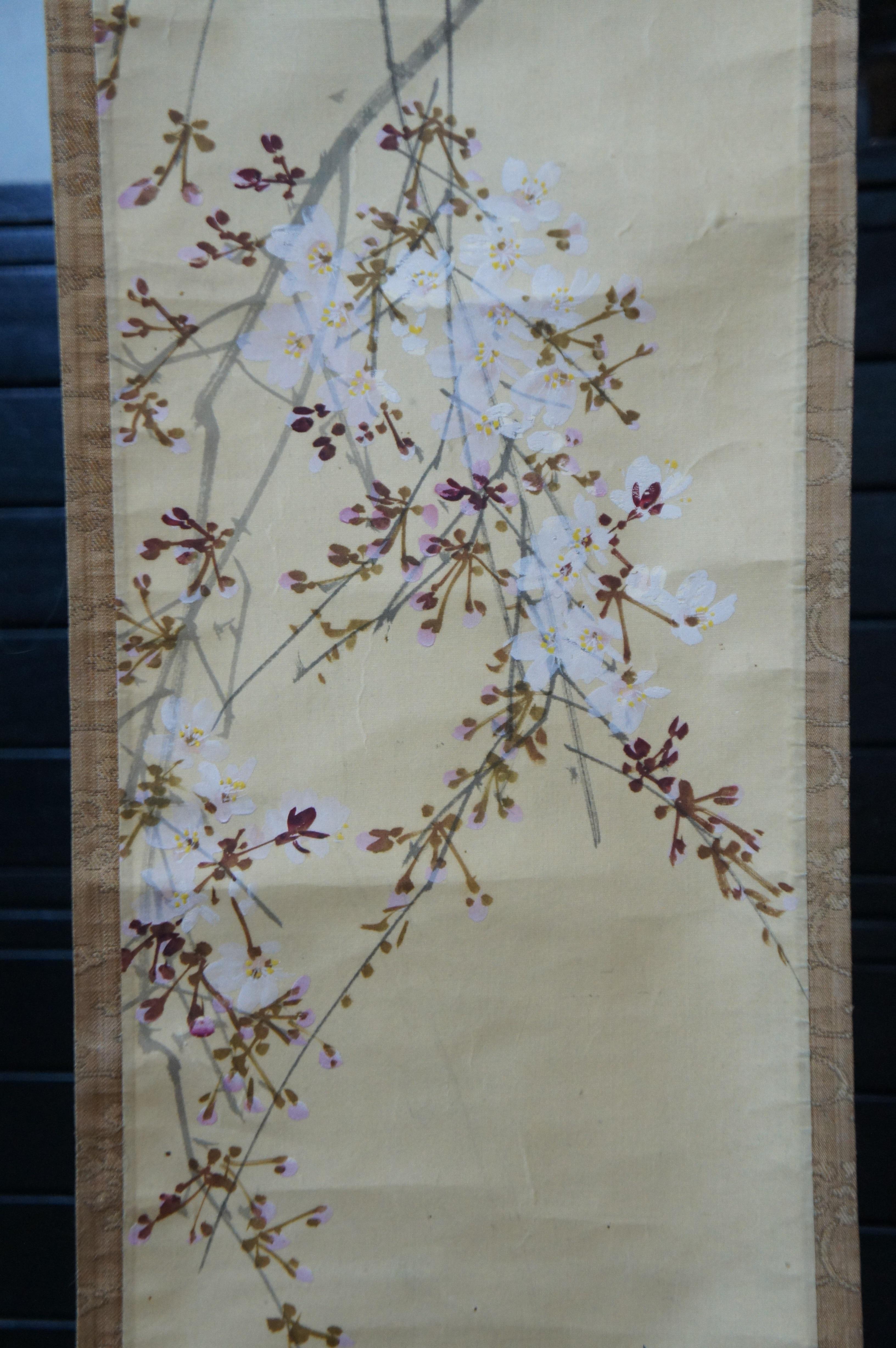 20th Century Antique Japanese Cherry Blossom Watercolor Silk Scroll Painting 68