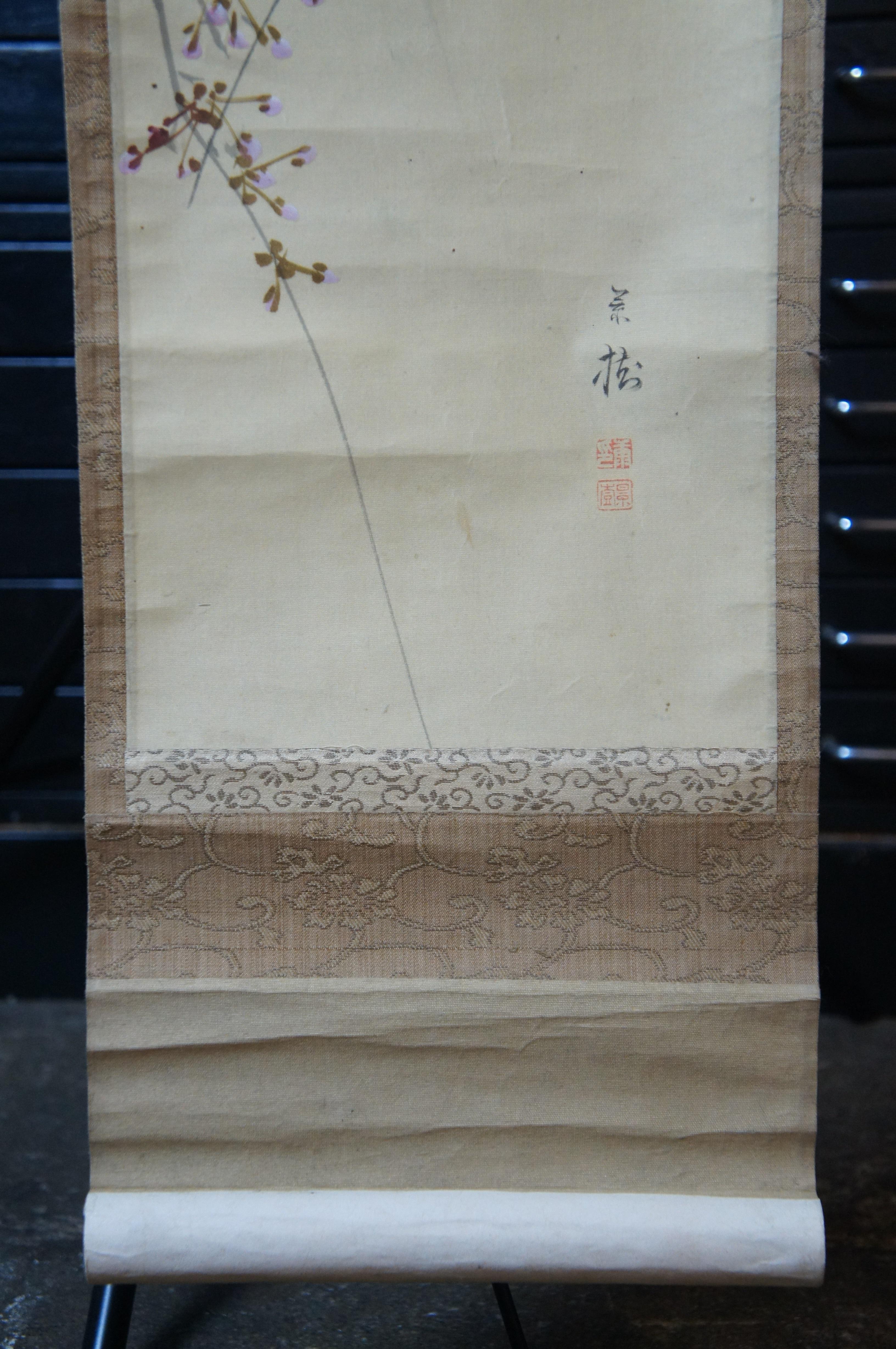 Antique Japanese Cherry Blossom Watercolor Silk Scroll Painting 68