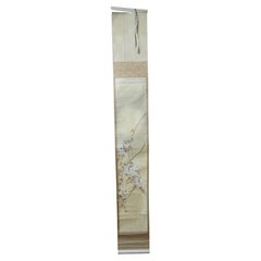 Antique Japanese Cherry Blossom Watercolor Silk Scroll Painting 68"