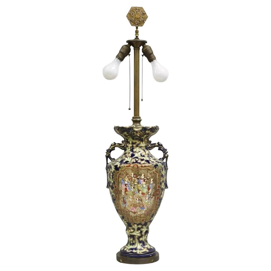 Antique Japanese Chinoiserie Blue Floral Porcelain "Wiseman" Large Table Lamp