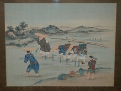ANTIQUE JAPANESE CIR 1920's WOODBLOCK TRIPTYCH WATERCOLOUR PRINT OF RICE PICKERS