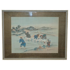 ANTIQUE JAPANESE CIR 1920's WOODBLOCK TRIPTYCH WATERCOLOUR PRINT OF RICE PICKERS