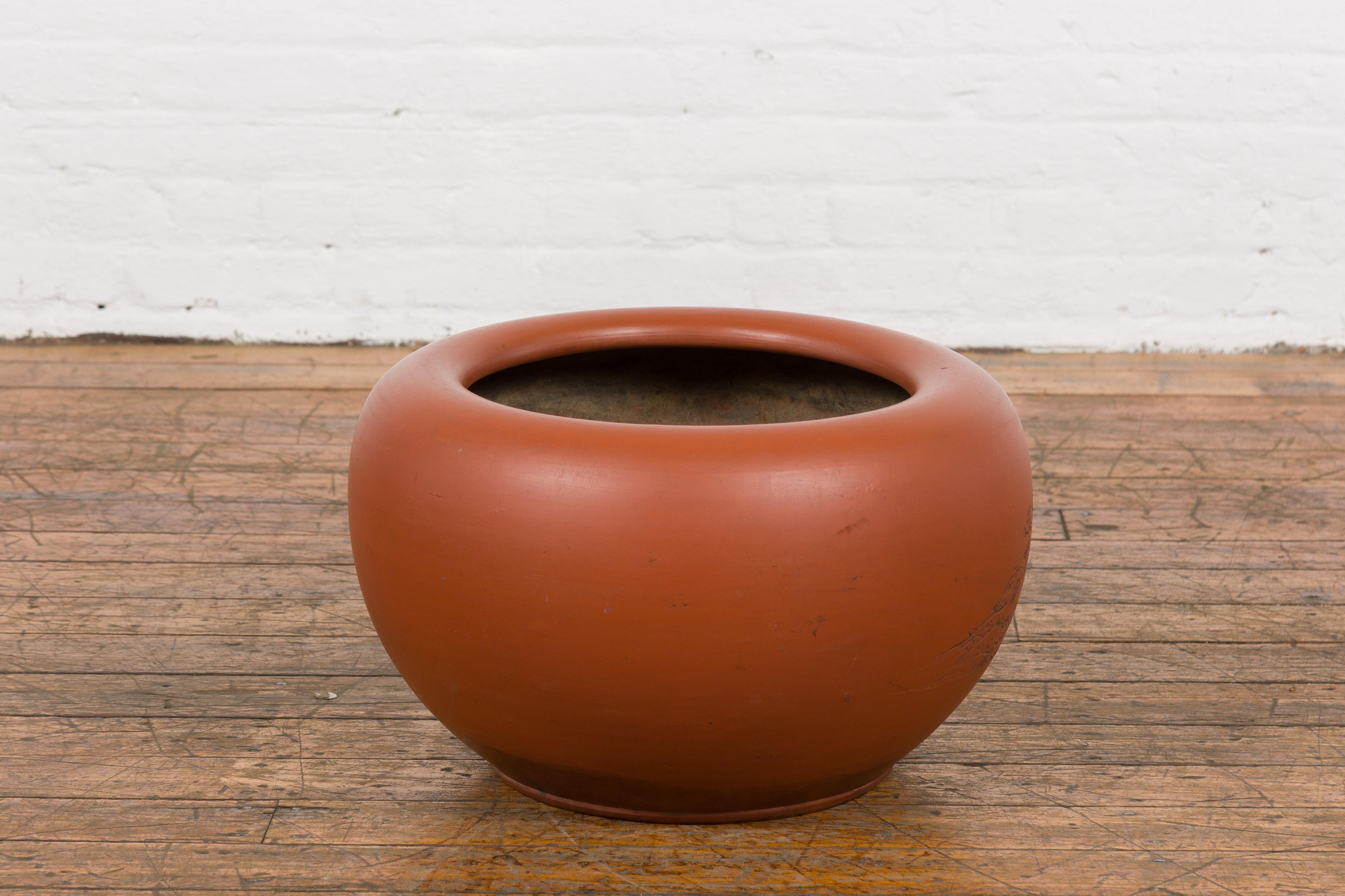 Orange Circular Antique Planter with Etched Design 4