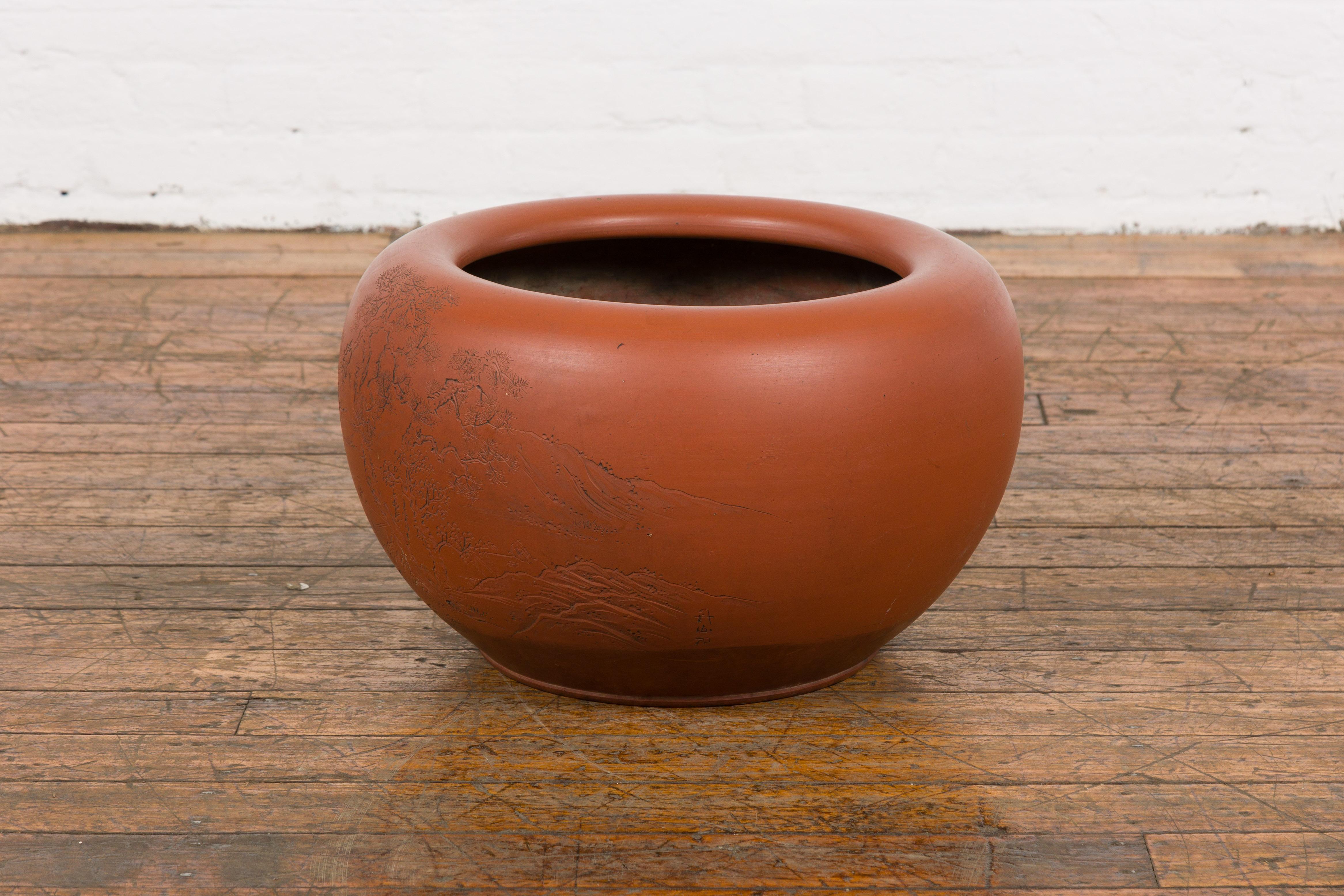 Orange Circular Antique Planter with Etched Design 5