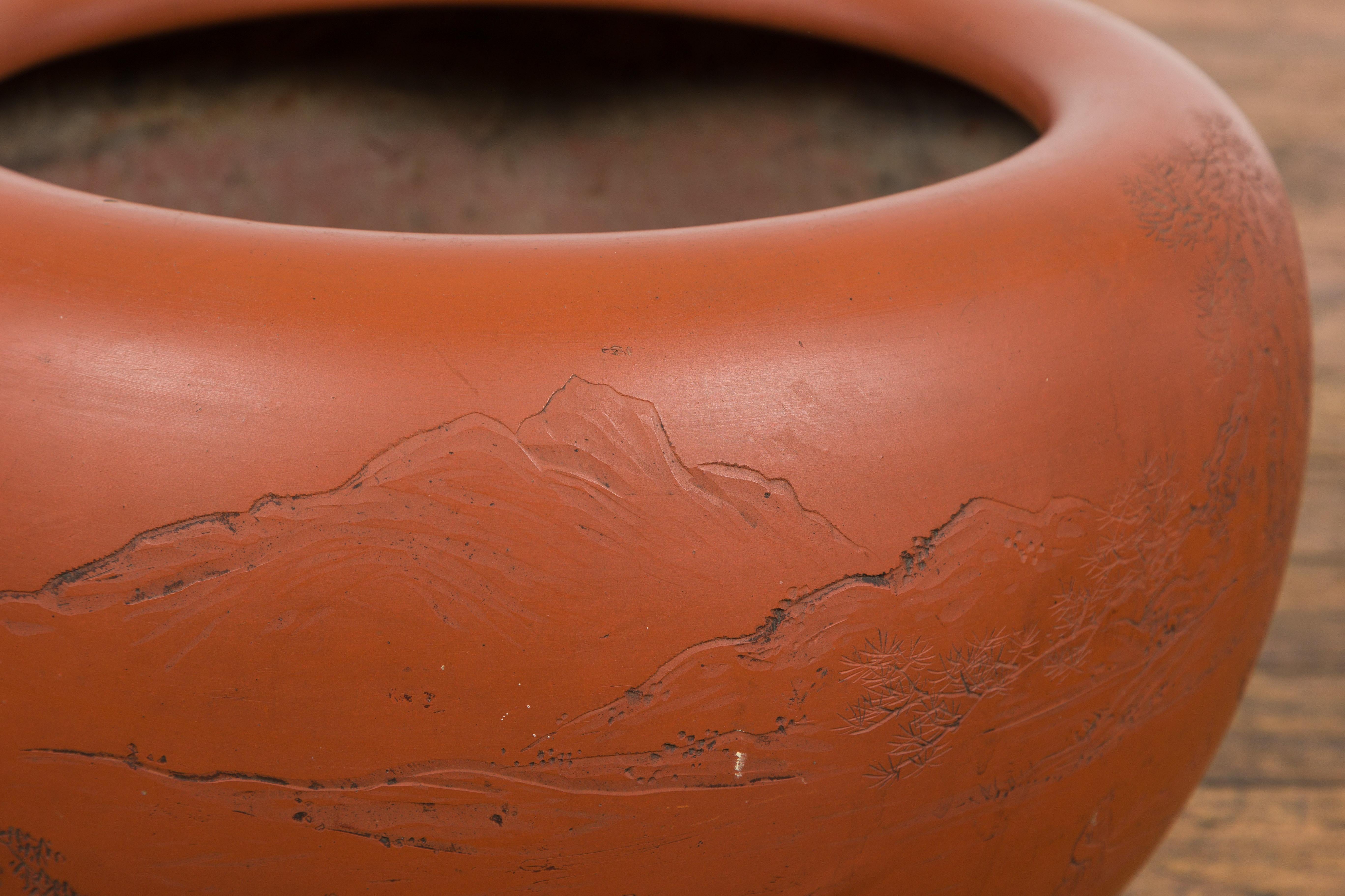 Orange Circular Antique Planter with Etched Design 6