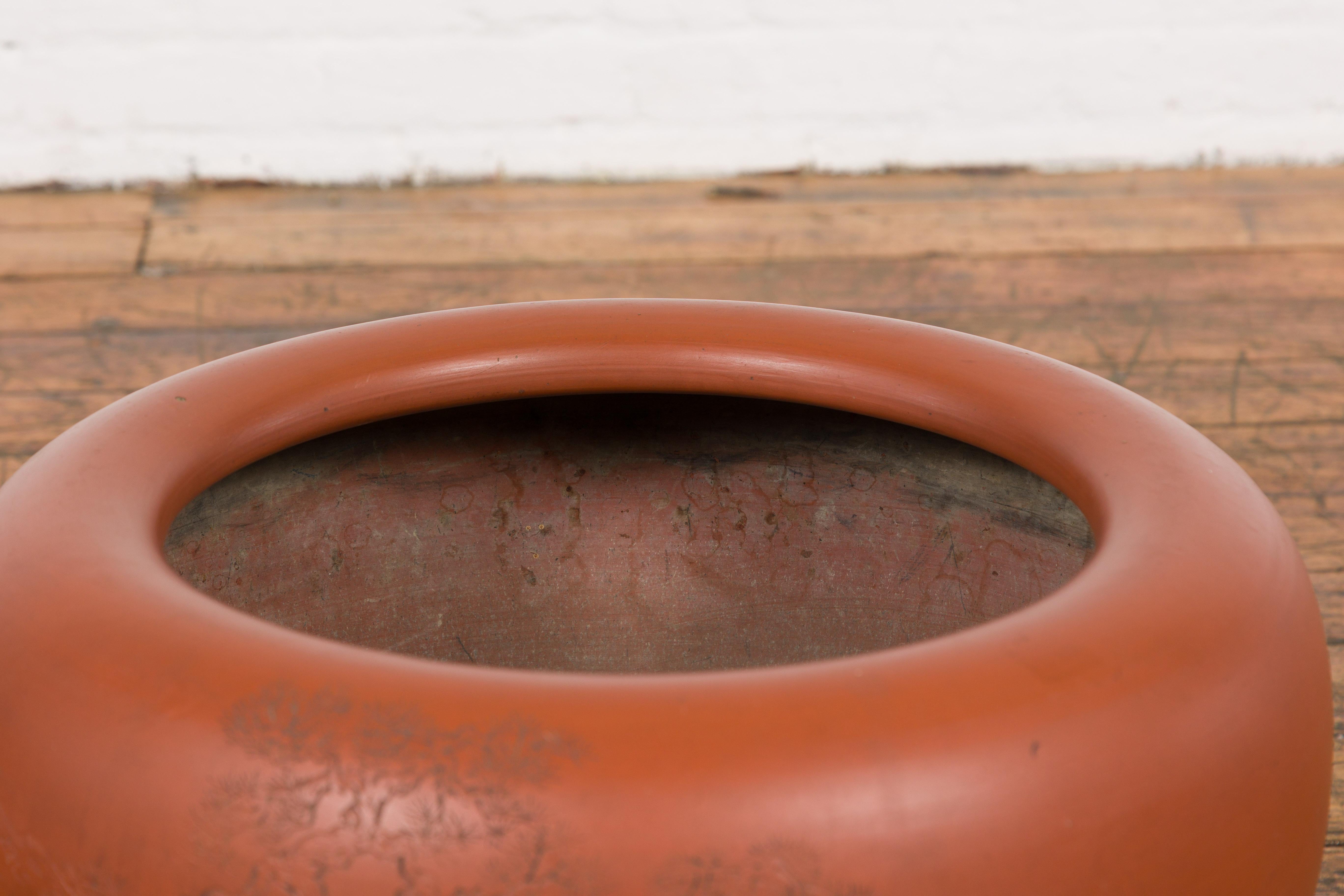 Orange Circular Antique Planter with Etched Design In Good Condition In Yonkers, NY