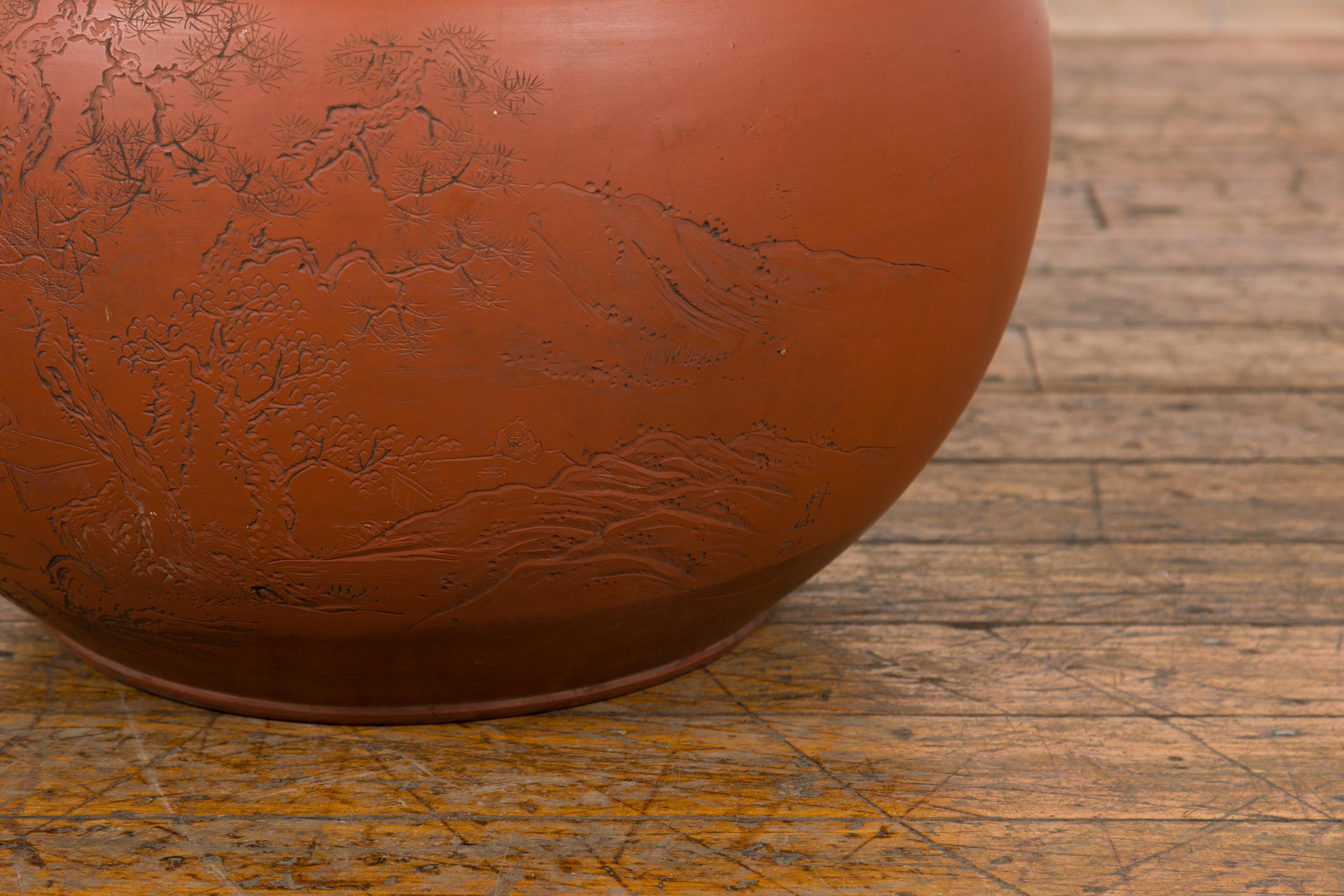 Orange Circular Antique Planter with Etched Design 1