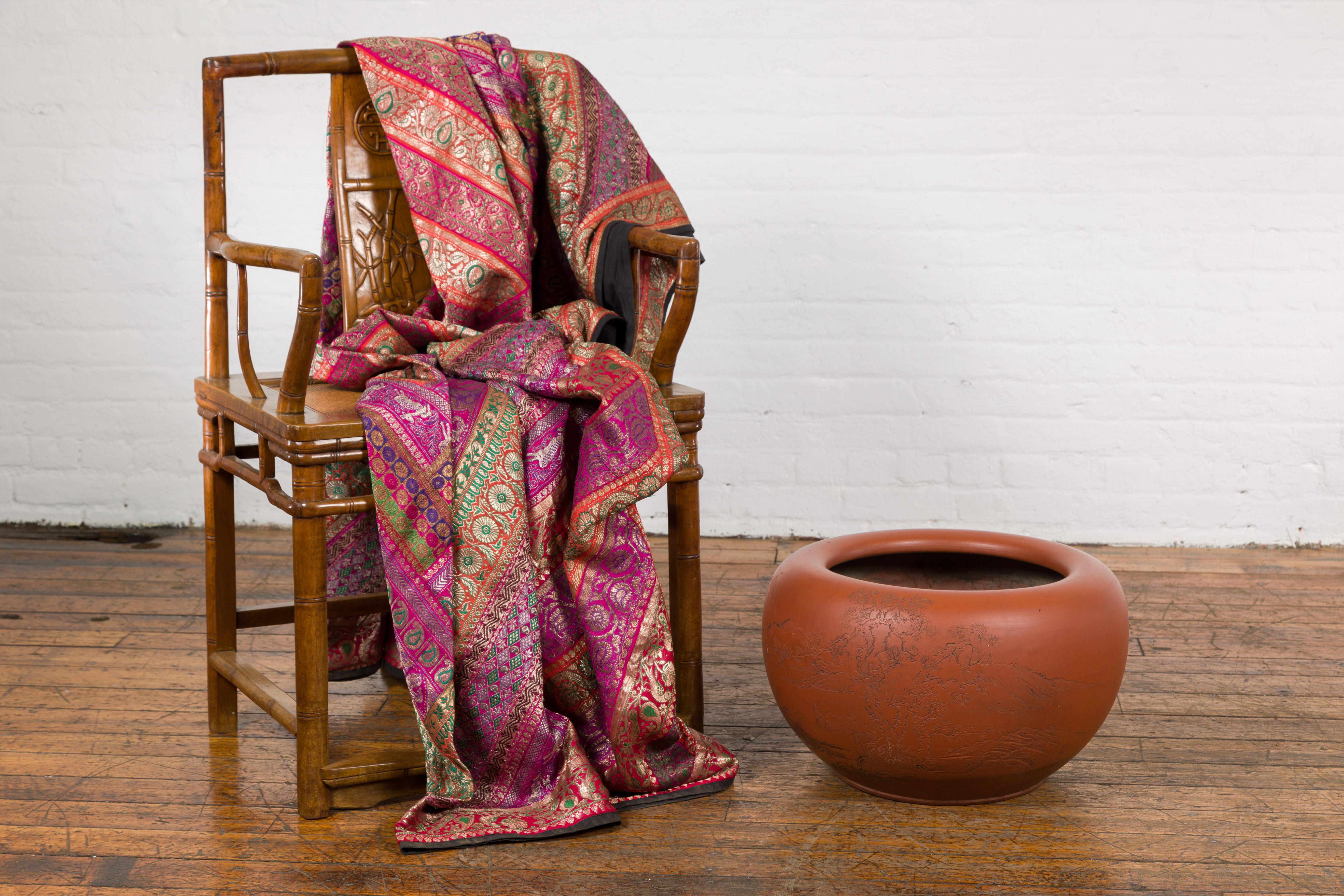 Orange Circular Antique Planter with Etched Design 2