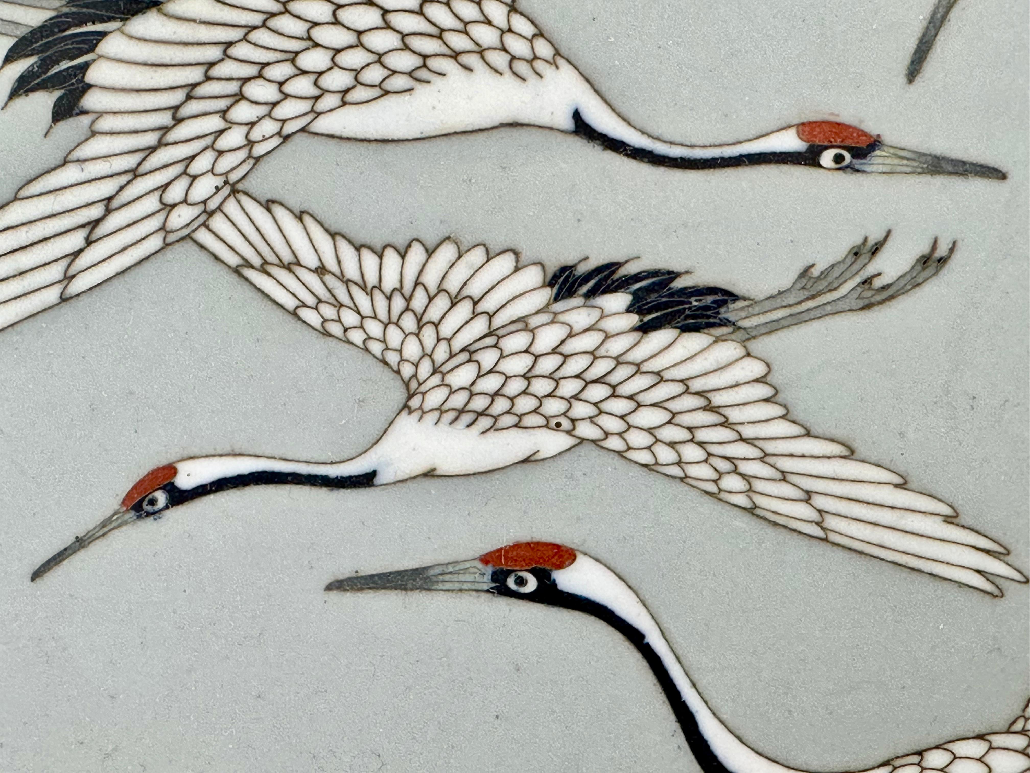 Antique Japanese Cloisonné Charger Meiji Era c1880's Bronze Flying Cranes 14