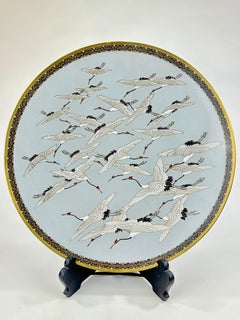 Antique Japanese Cloisonné Charger Meiji Era c1880's Bronze Flying Cranes 14"