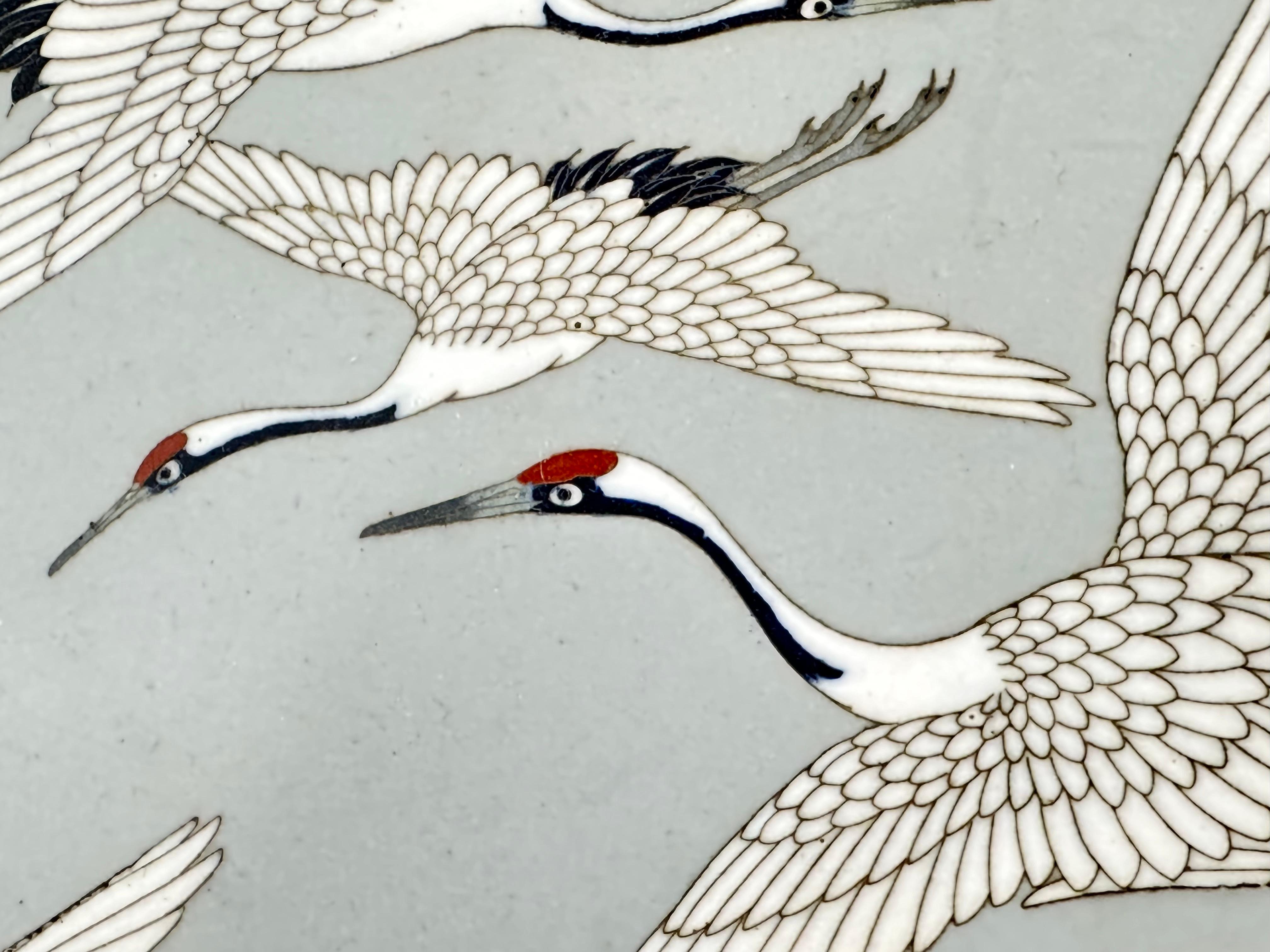 19th Century Antique Japanese Cloisonné Charger Meiji Era c1880's Bronze Flying Cranes 14