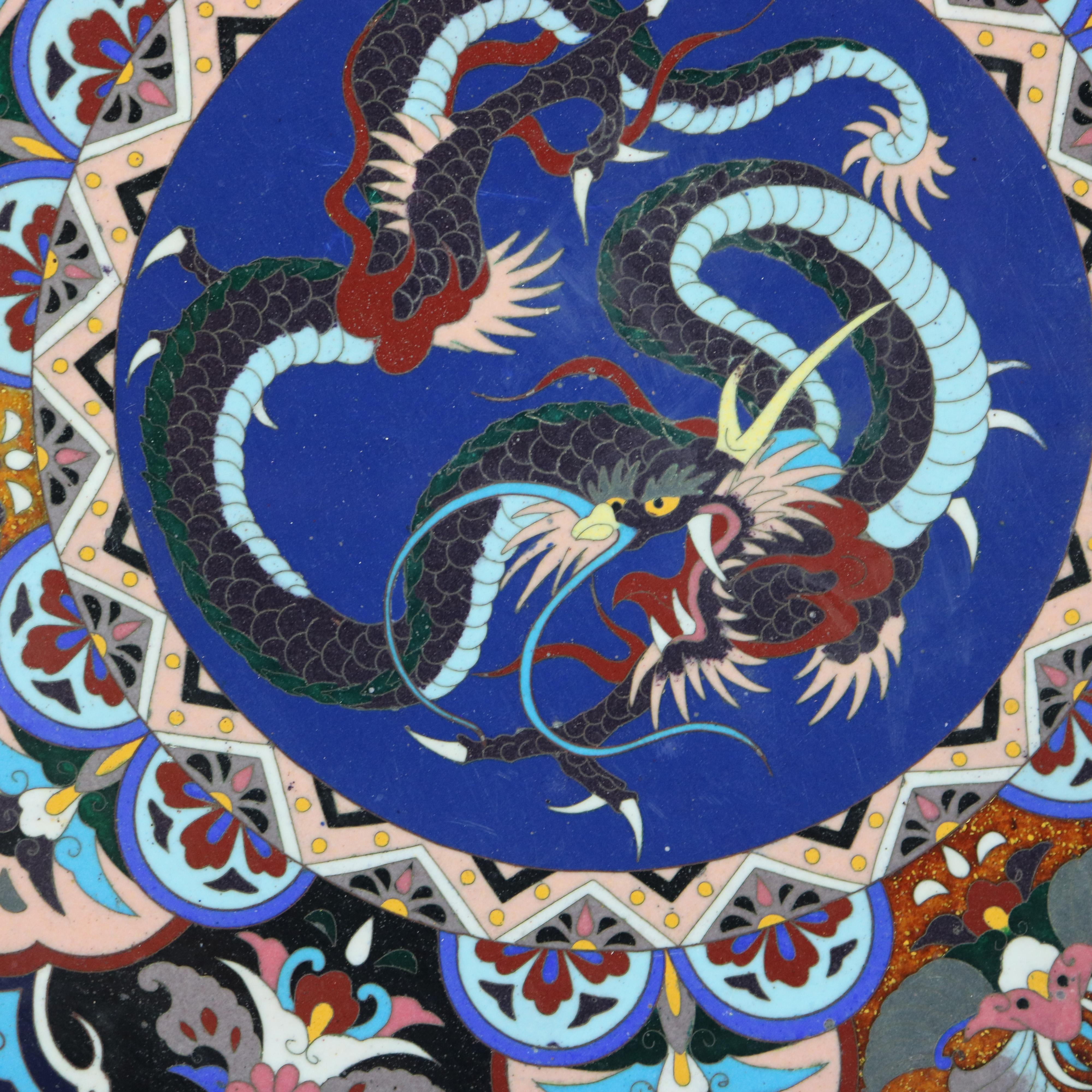 Antique Japanese Cloisonne Charger With Dragon & Floral Pattern C1920.   
2