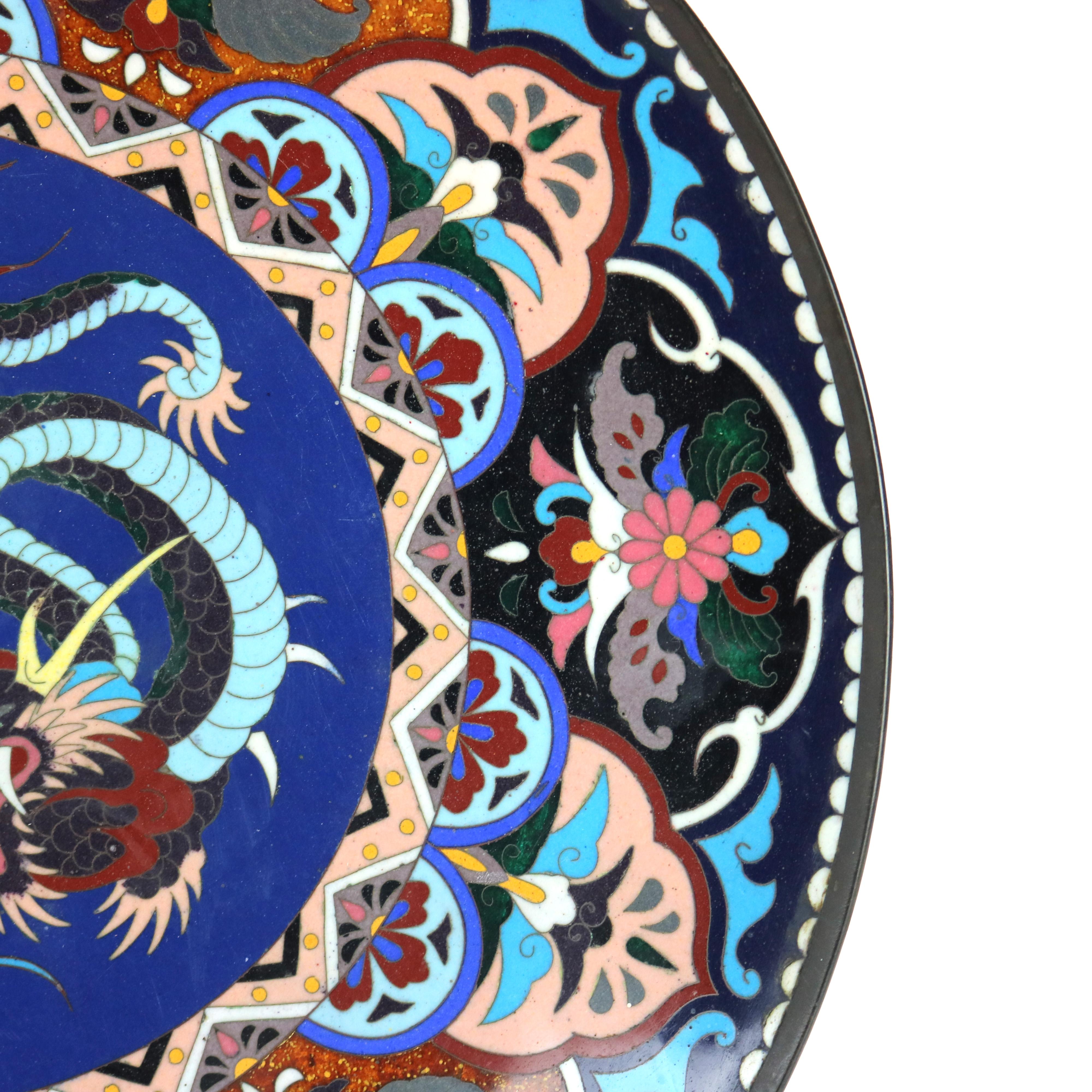 Antique Japanese Cloisonne Charger with Dragon & Floral Pattern c1920 In Good Condition For Sale In Big Flats, NY