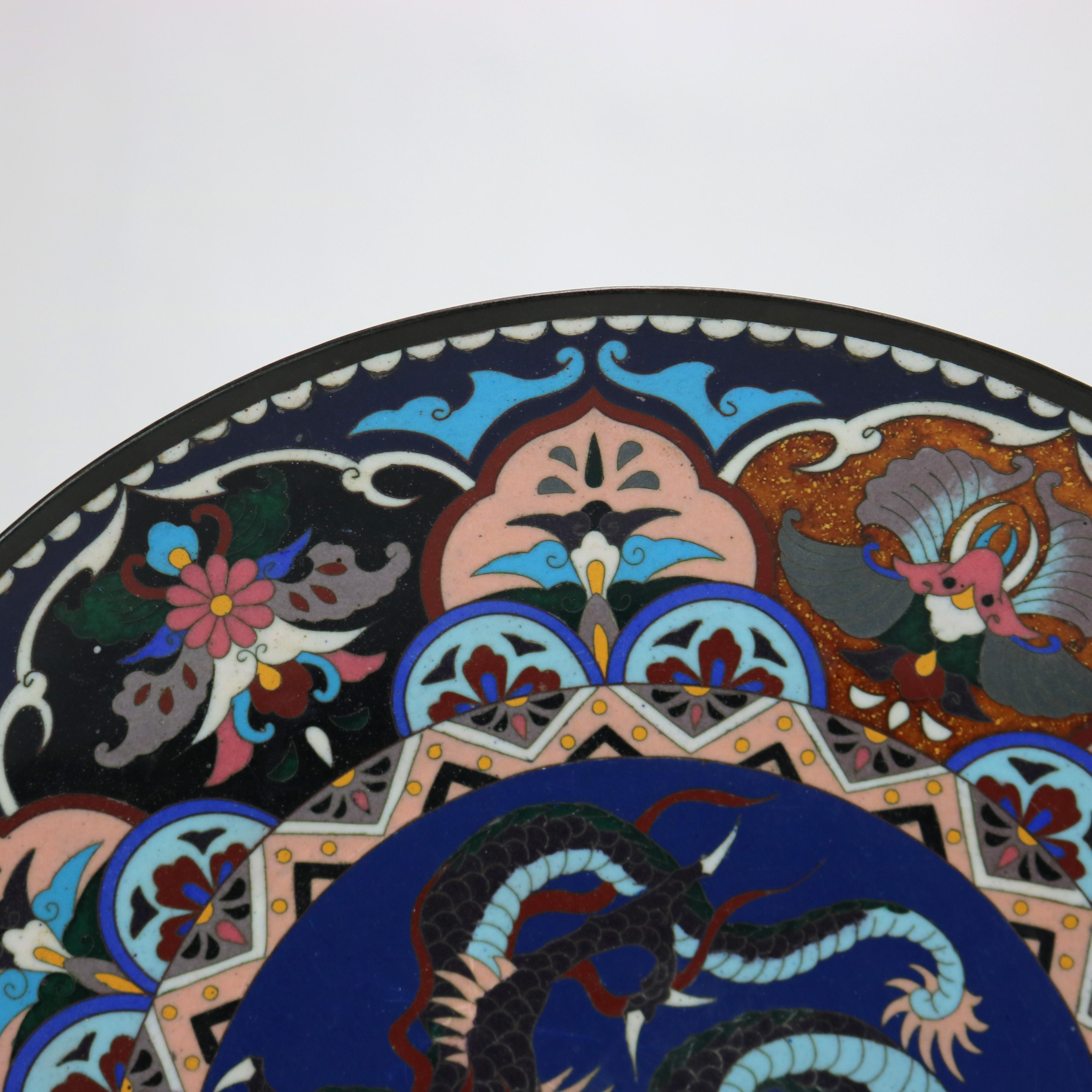 20th Century Antique Japanese Cloisonne Charger with Dragon & Floral Pattern c1920 For Sale