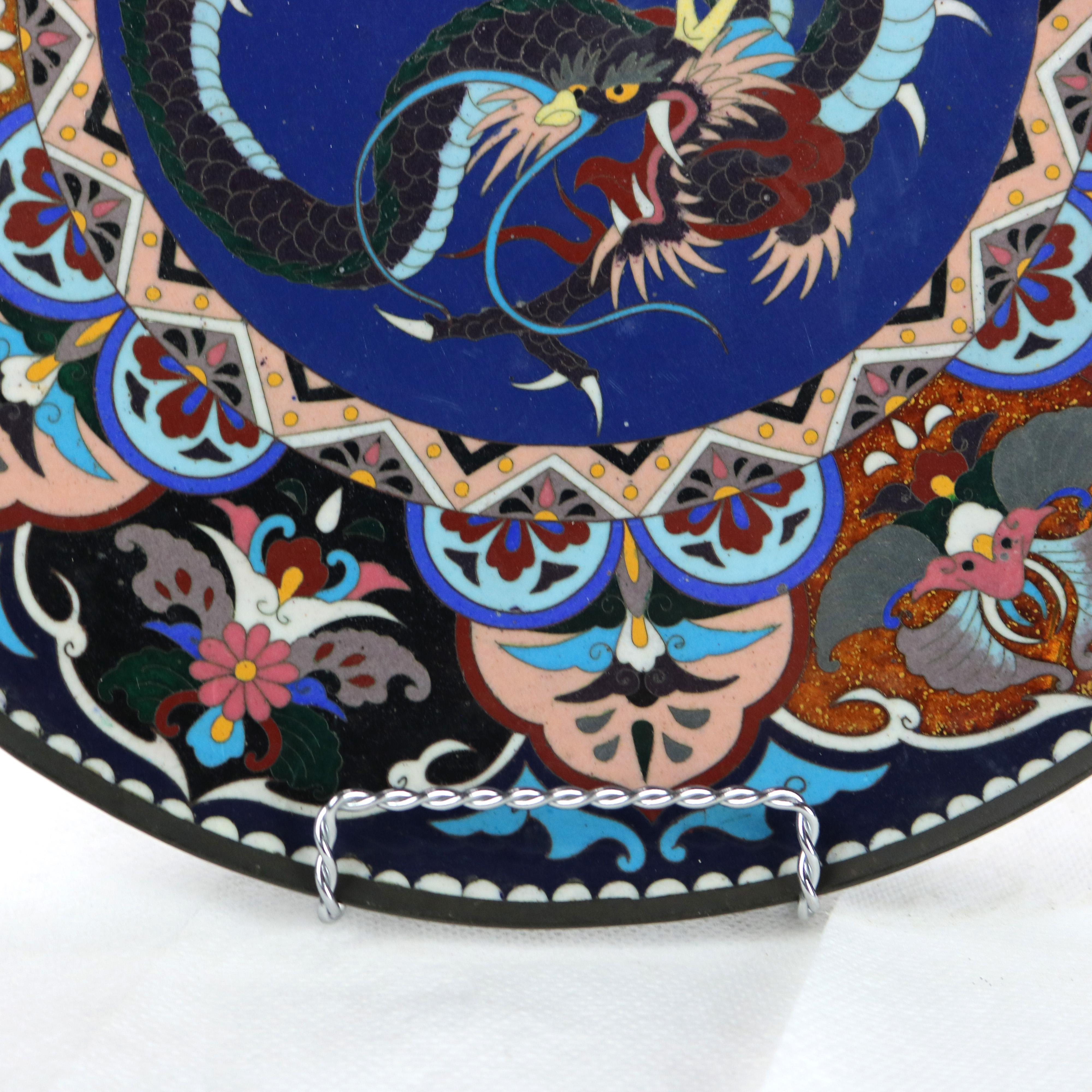 Metal Antique Japanese Cloisonne Charger with Dragon & Floral Pattern c1920 For Sale