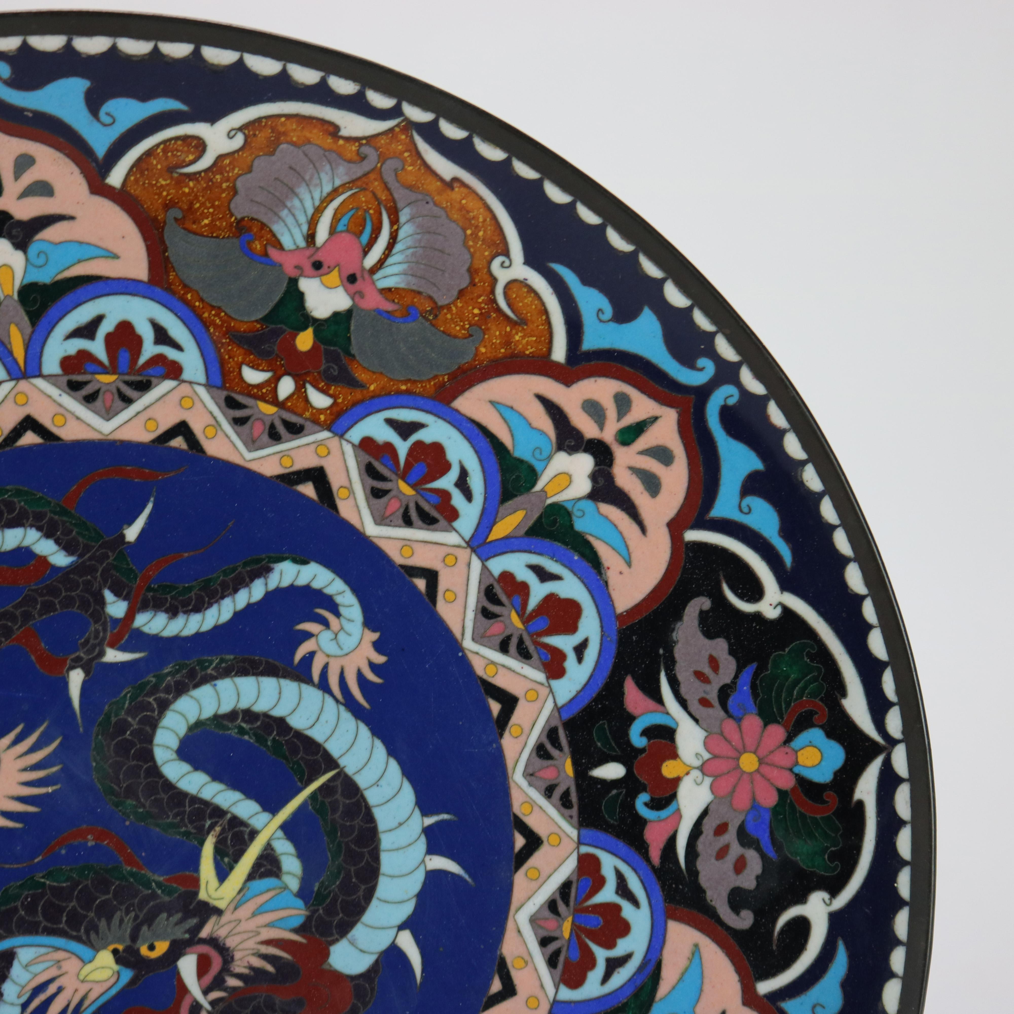 Antique Japanese Cloisonne Charger with Dragon & Floral Pattern c1920 For Sale 1