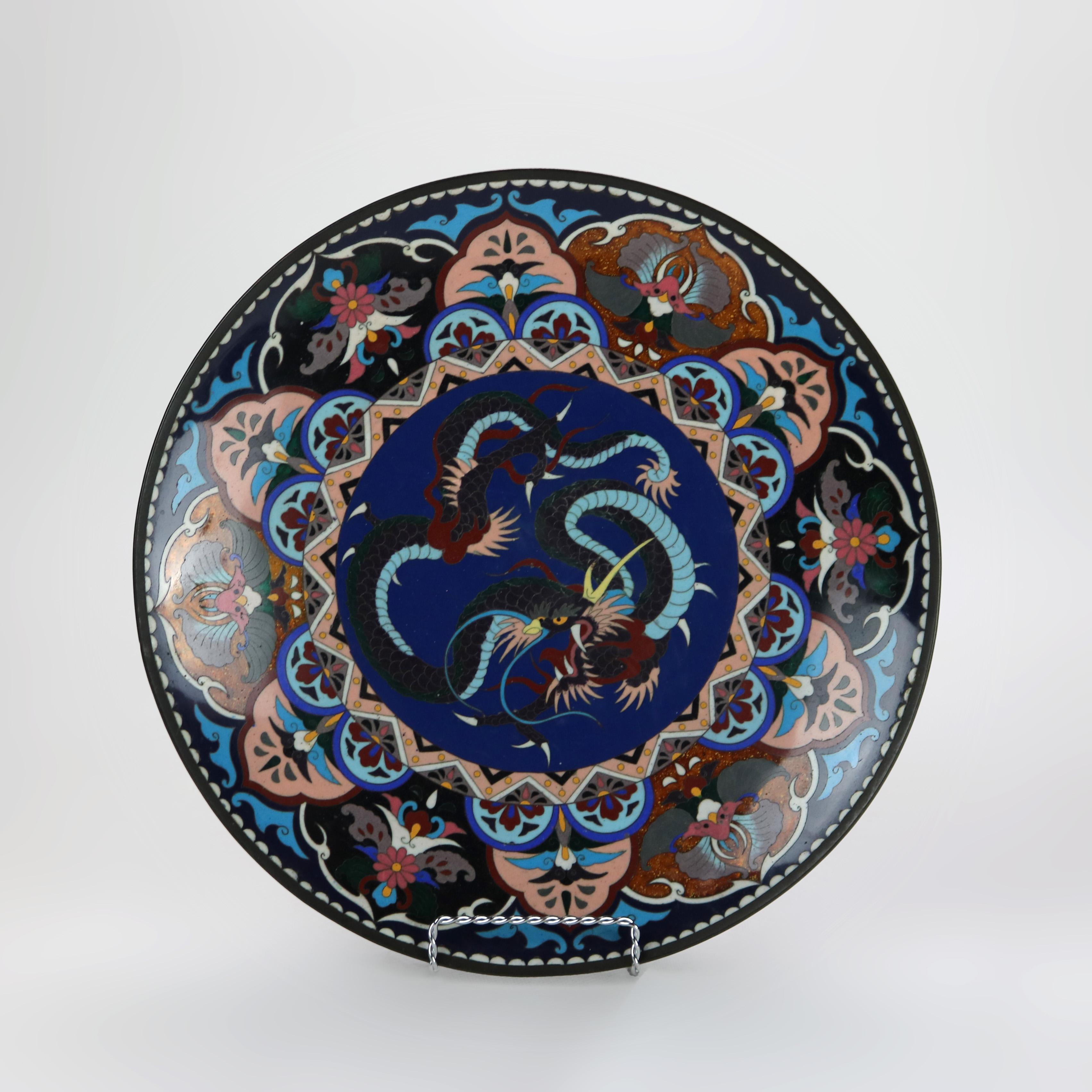 Antique Japanese Cloisonne Charger with Dragon & Floral Pattern c1920