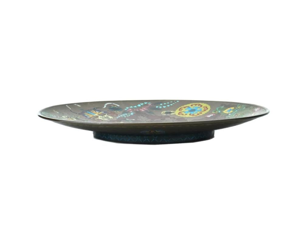 Meiji Antique Japanese Cloisonne Charger with Insects and Fall Foliage Plate Goto For Sale