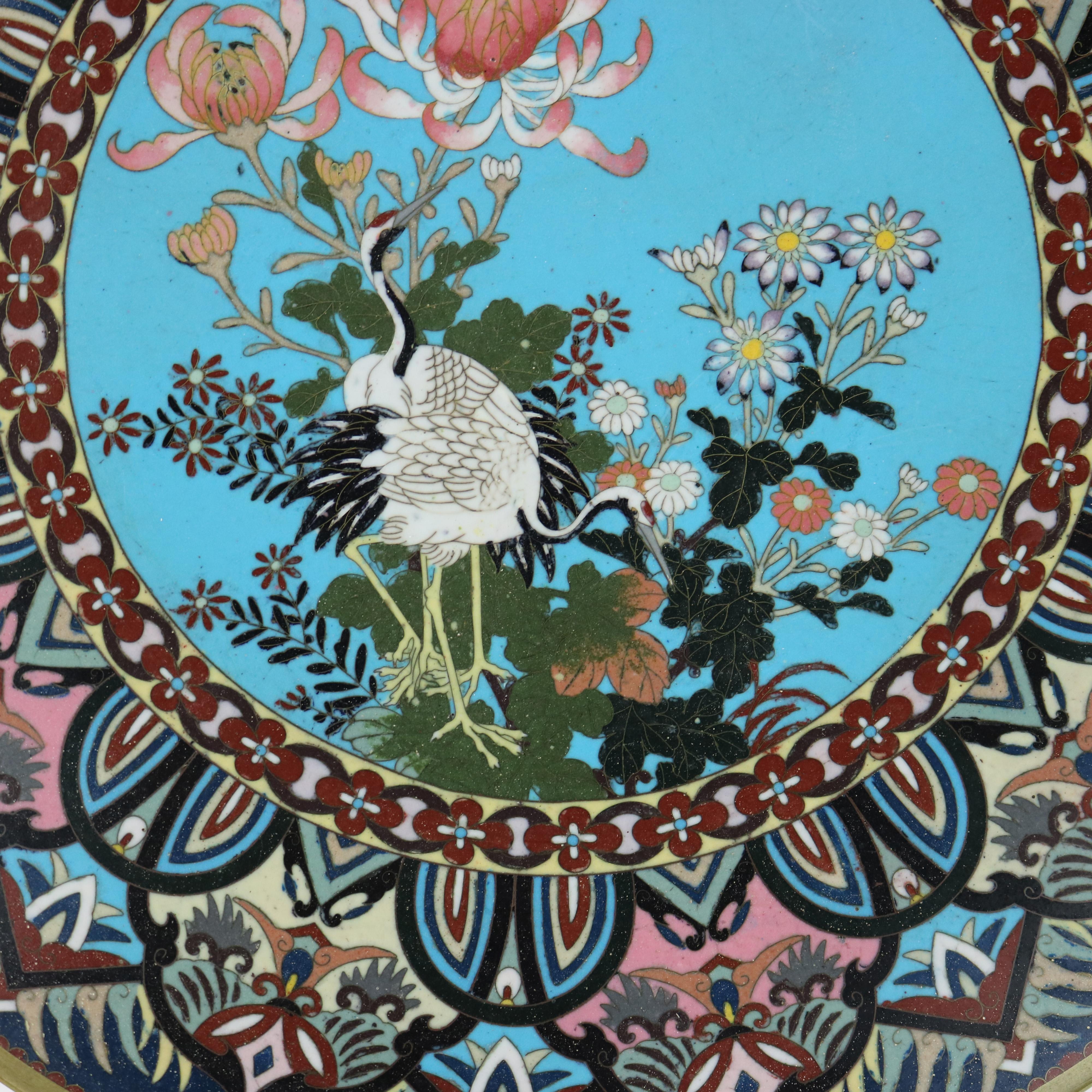 Antique Japanese Cloisonne Charger with Marsh Scene & Heron c1920.   
2