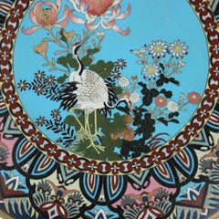 Antique Japanese Cloisonne Charger with Marsh Scene & Heron c1920