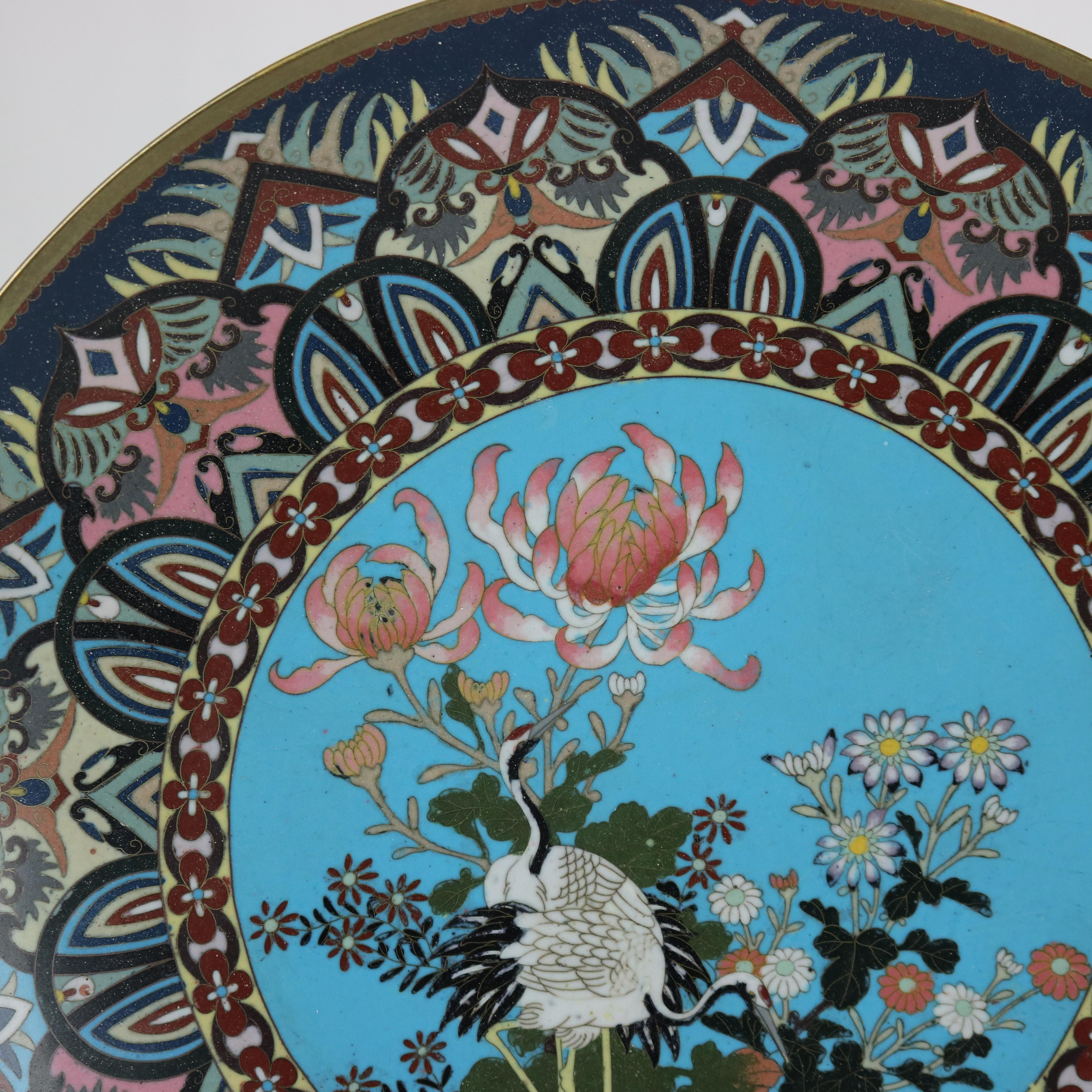 Antique Japanese Cloisonne Charger with Marsh Scene & Heron c1920 In Good Condition For Sale In Big Flats, NY