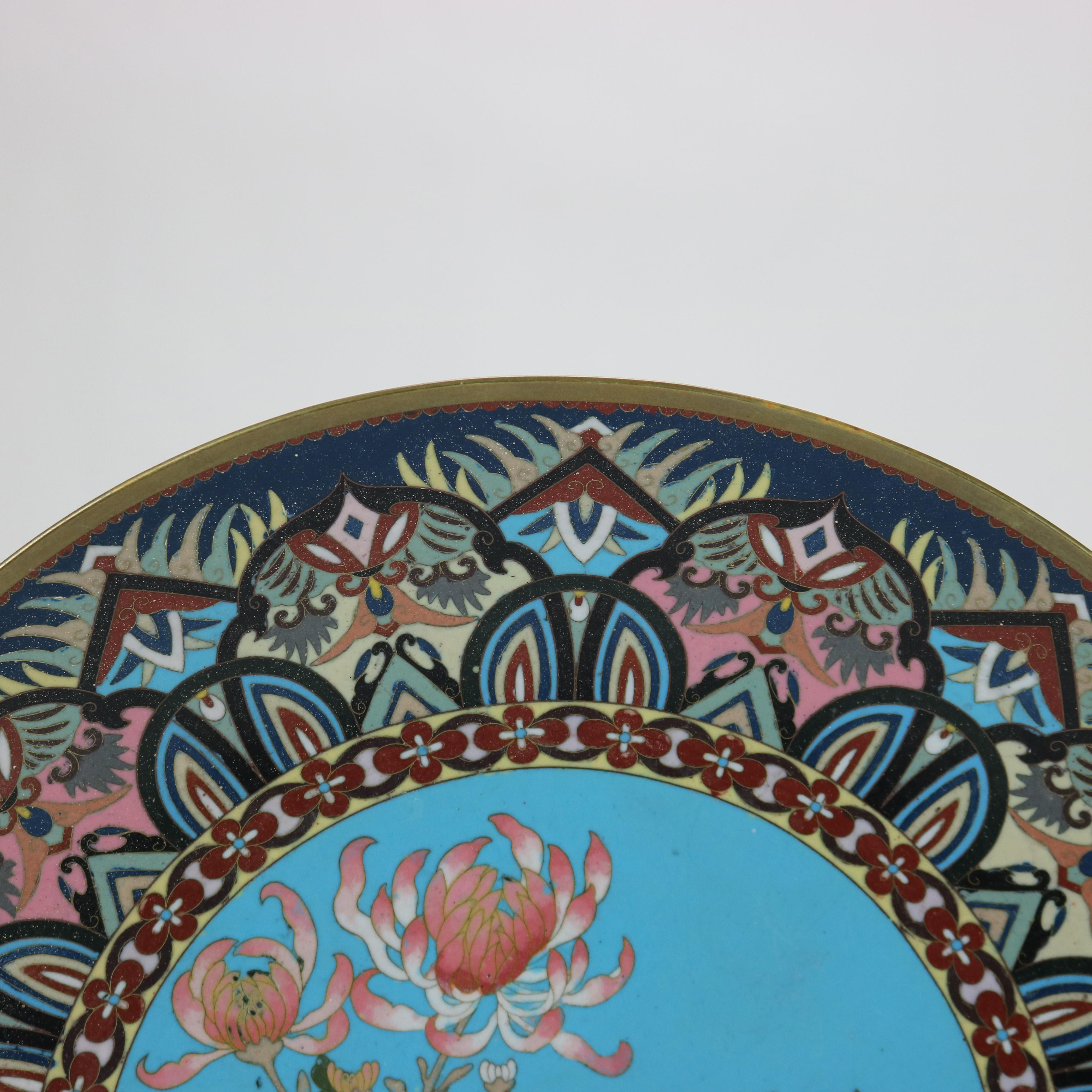 20th Century Antique Japanese Cloisonne Charger with Marsh Scene & Heron c1920 For Sale