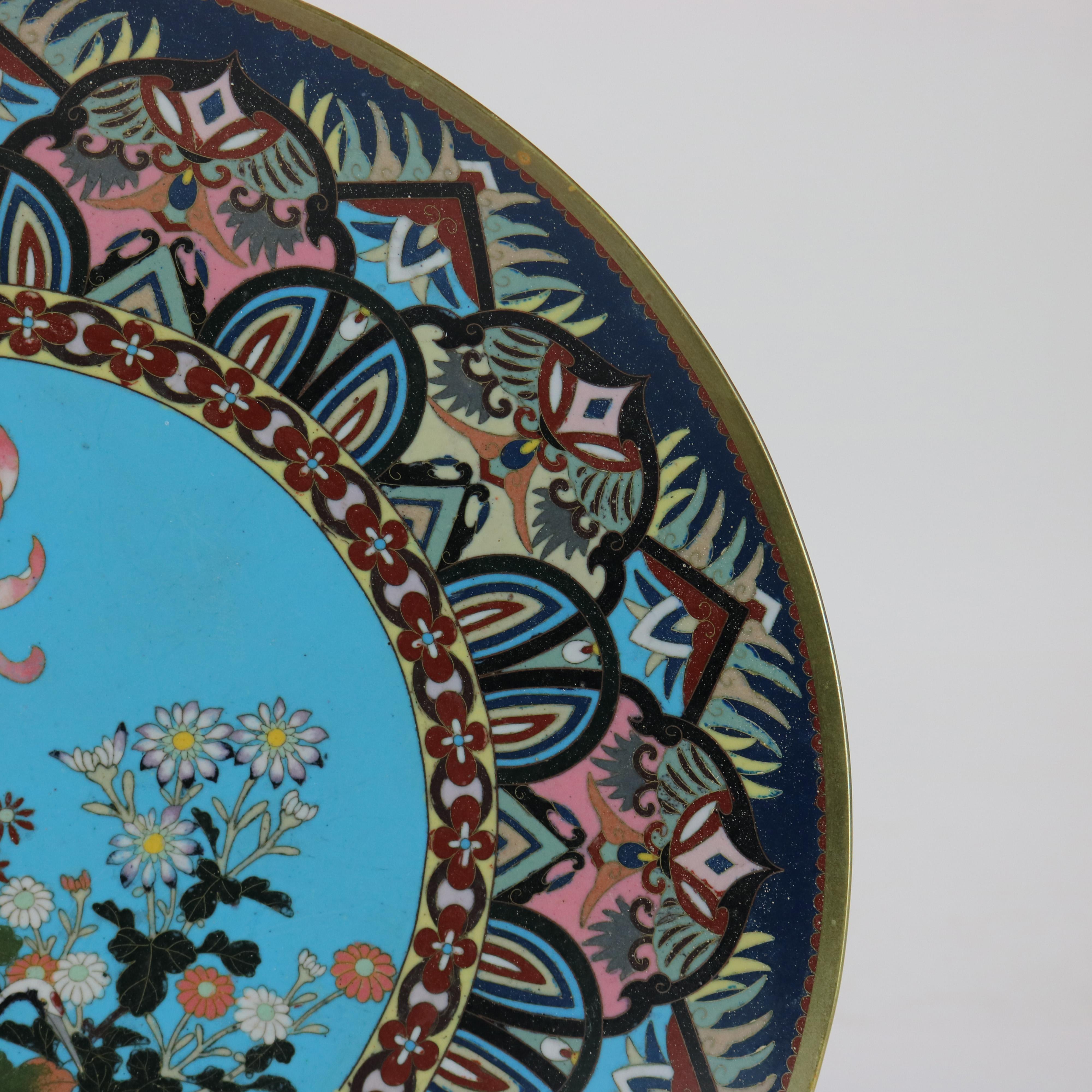 Metal Antique Japanese Cloisonne Charger with Marsh Scene & Heron c1920 For Sale