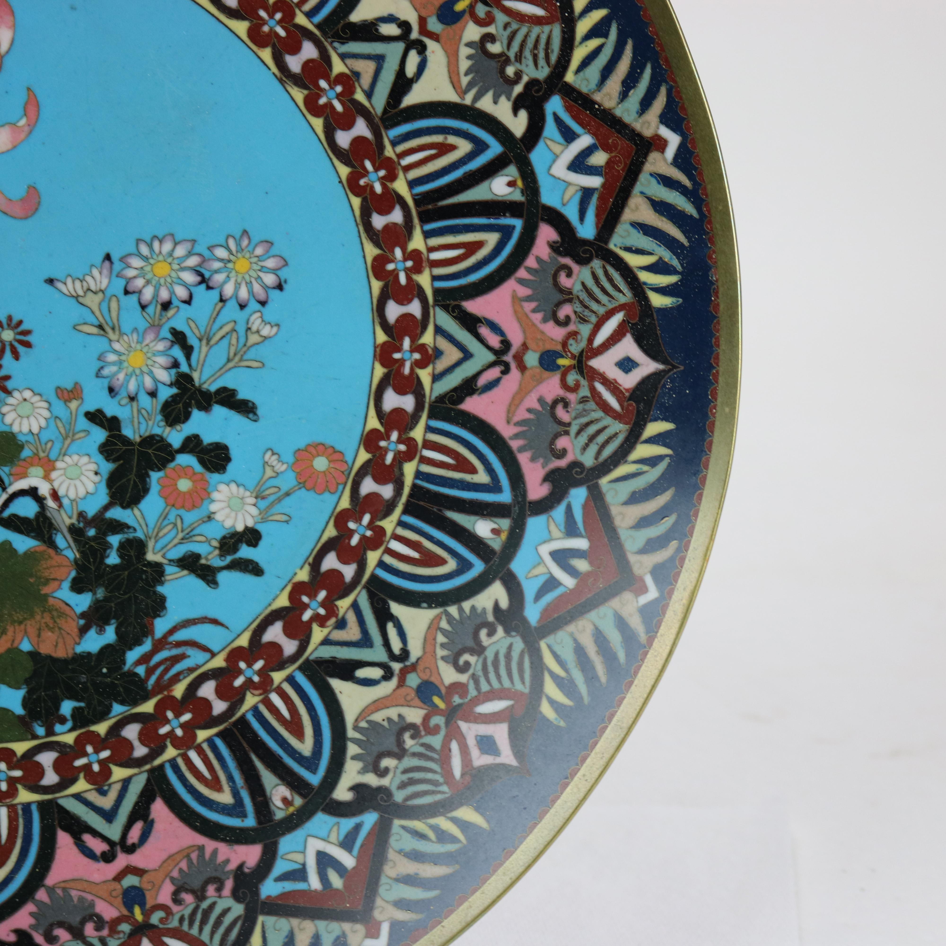 Antique Japanese Cloisonne Charger with Marsh Scene & Heron c1920 For Sale 1
