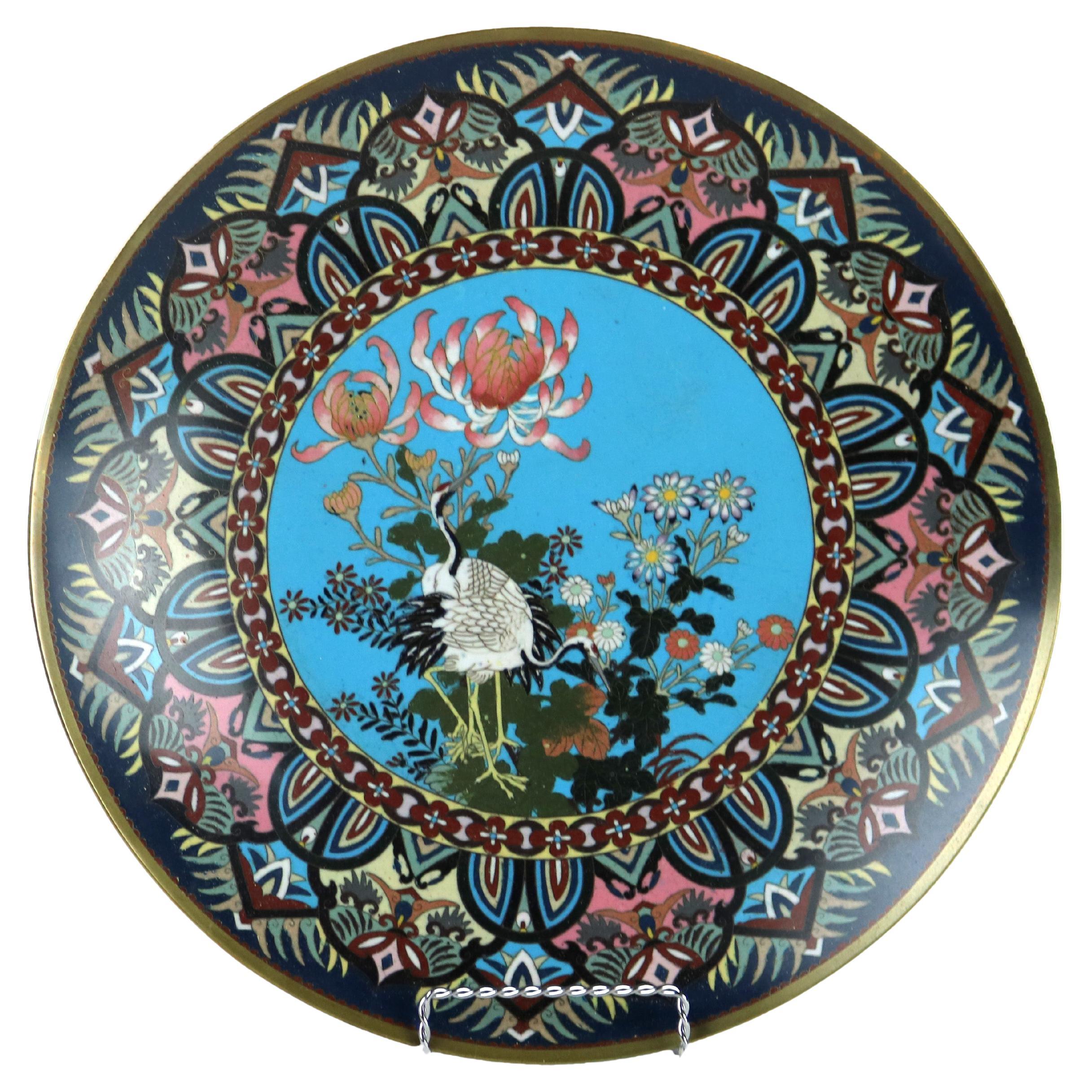 Antiker japanischer Cloisonné-Plattenteller mit Marsh-Szene und Heron, um 1920