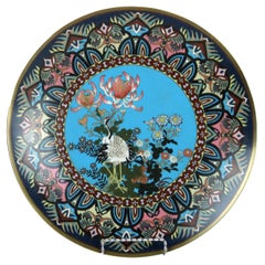 Antiguo Cargador Japonés de Cloisonné con Escena de Pantano y Garza c1920