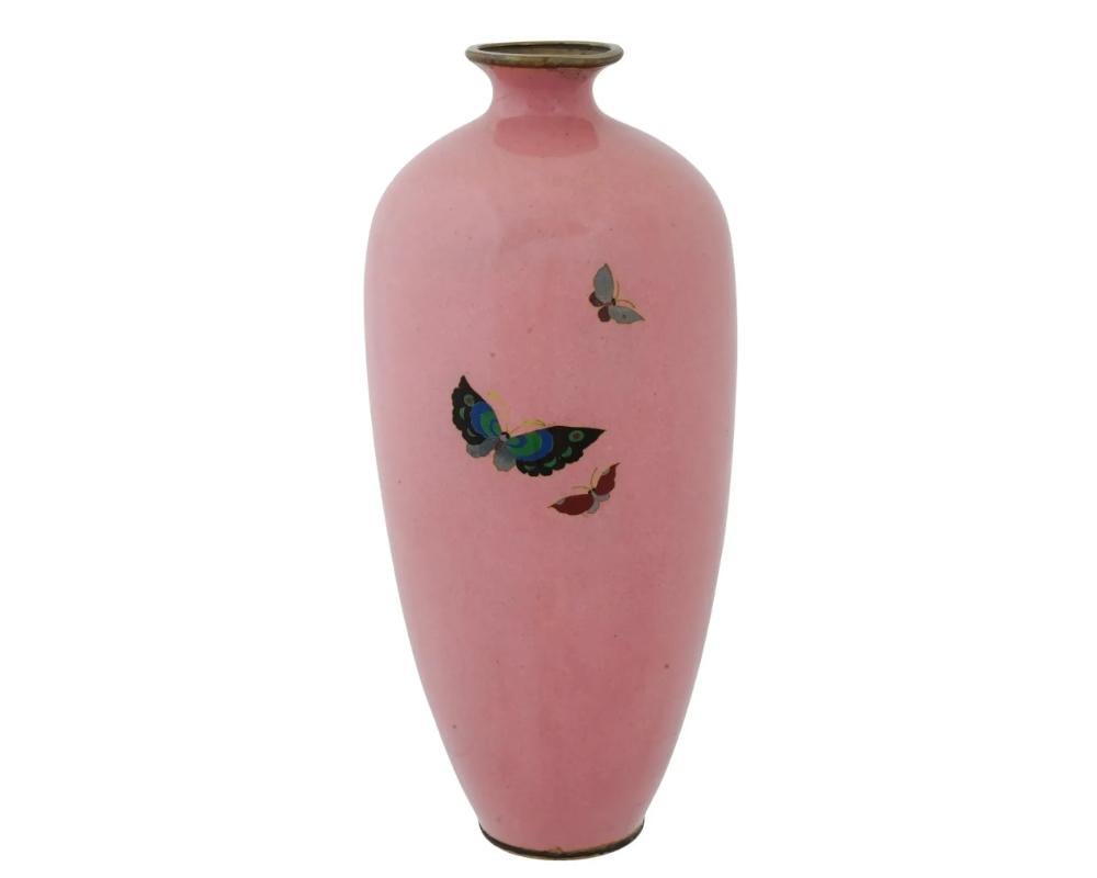 Meiji Antique Japanese Cloisonne Cotton Candy Pink Enamel Butterfly Vase For Sale
