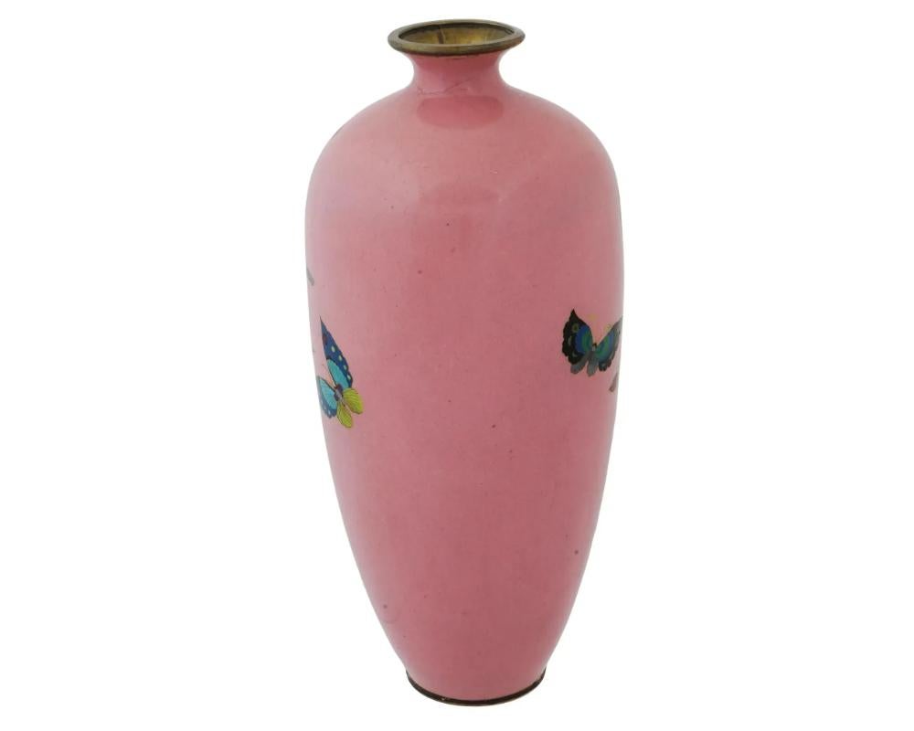 Cloissoné Antique Japanese Cloisonne Cotton Candy Pink Enamel Butterfly Vase For Sale