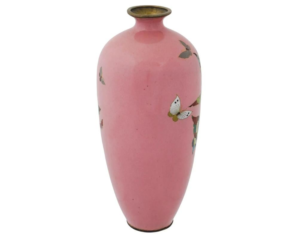 Antique Japanese Cloisonne Cotton Candy Pink Enamel Butterfly Vase In Good Condition In Long Island City, NY