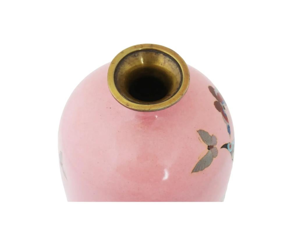 19th Century Antique Japanese Cloisonne Cotton Candy Pink Enamel Butterfly Vase For Sale