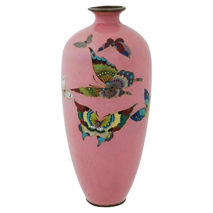 Antique Japanese Cloisonne Cotton Candy Pink Enamel Butterfly Vase For Sale