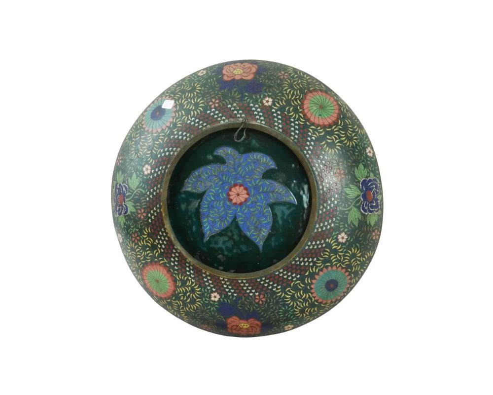 Cloissoné Antique Japanese Cloisonne Early Edo Green Enamel Plate For Sale