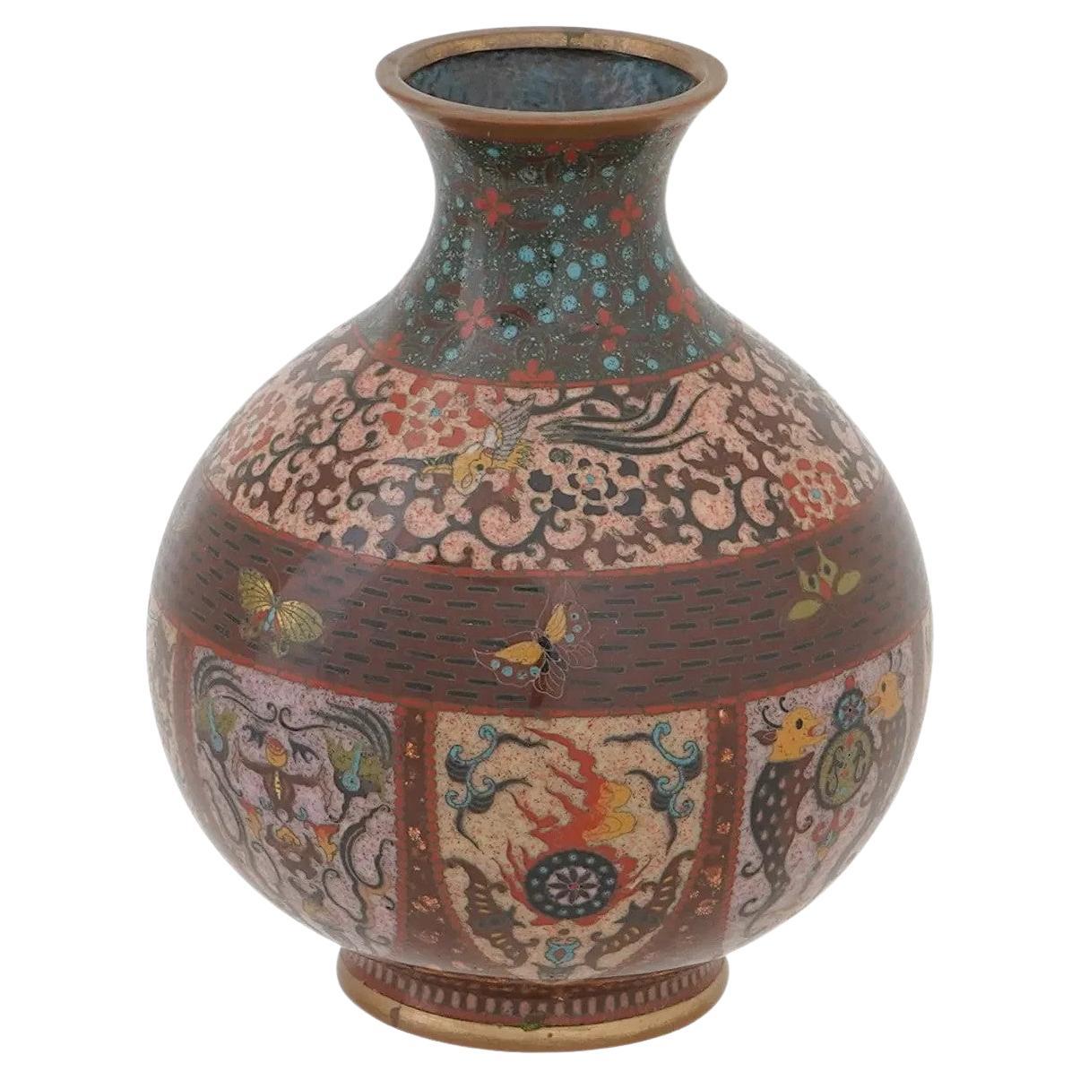 Antique Japanese Cloisonne Enamel, Butterfly Dragon Vase Attributed Honda