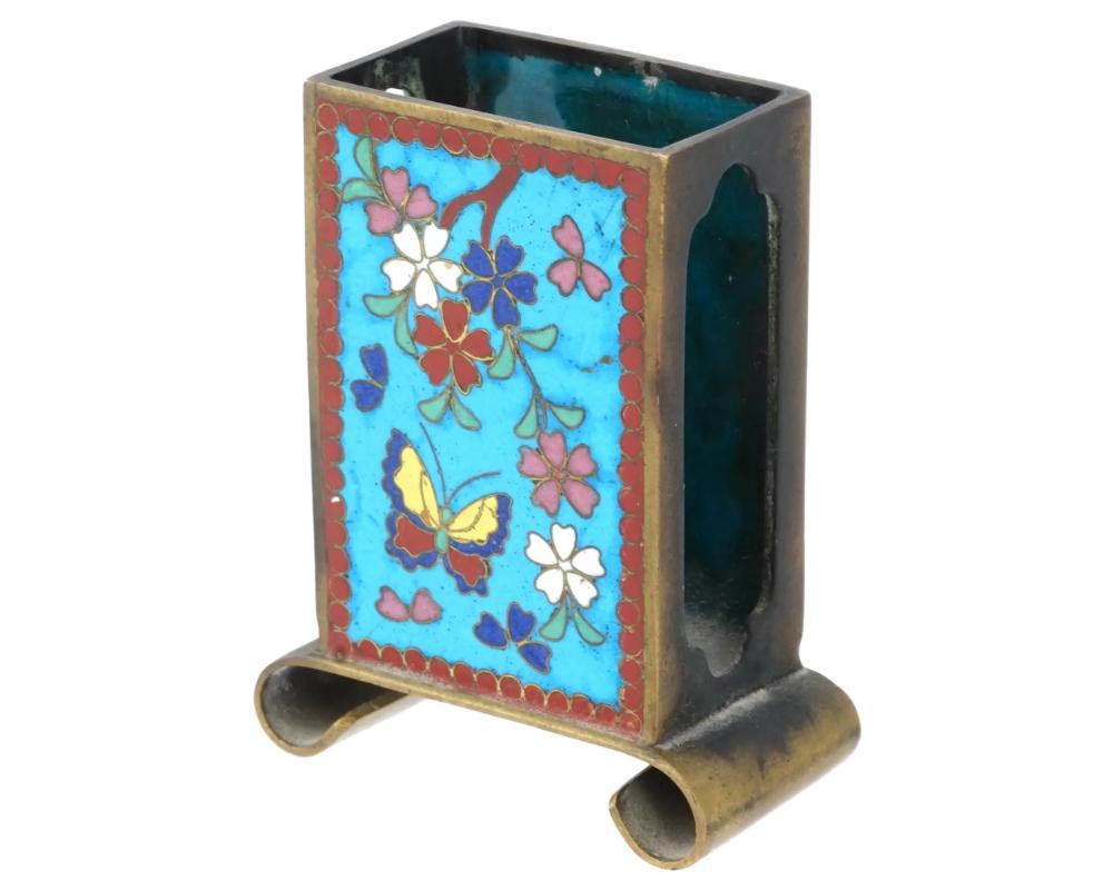 Meiji Antique Japanese Cloisonne Enamel Butterfly Match Box Holder For Sale