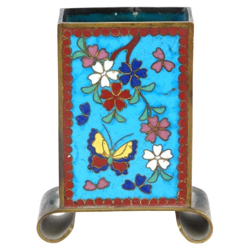 Antique Japanese Cloisonne Enamel Butterfly Match Box Holder For Sale