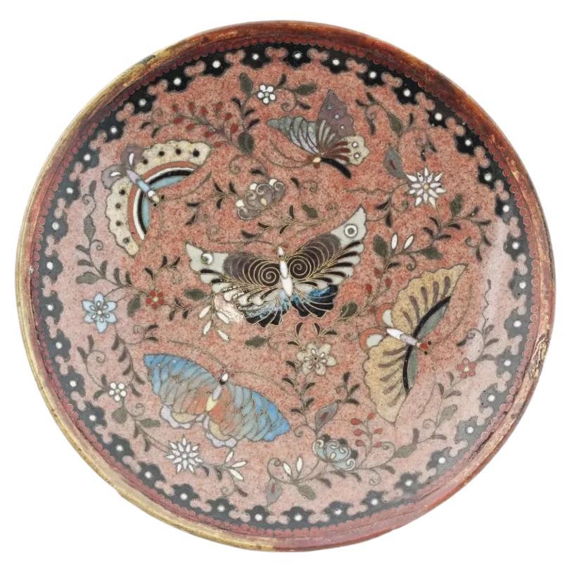 Antique Japanese Cloisonne Enamel Butterfly Plate For Sale