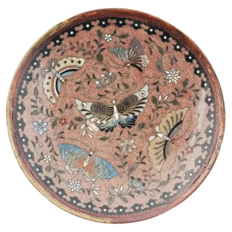 Antiguo Plato Japonés de Cloisonné Esmaltado Mariposa