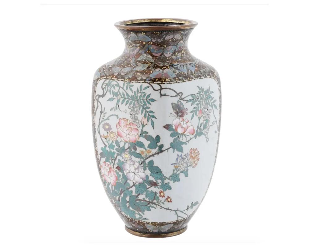 Meiji Antique Japanese Cloisonne Enamel Butterfly Vase For Sale