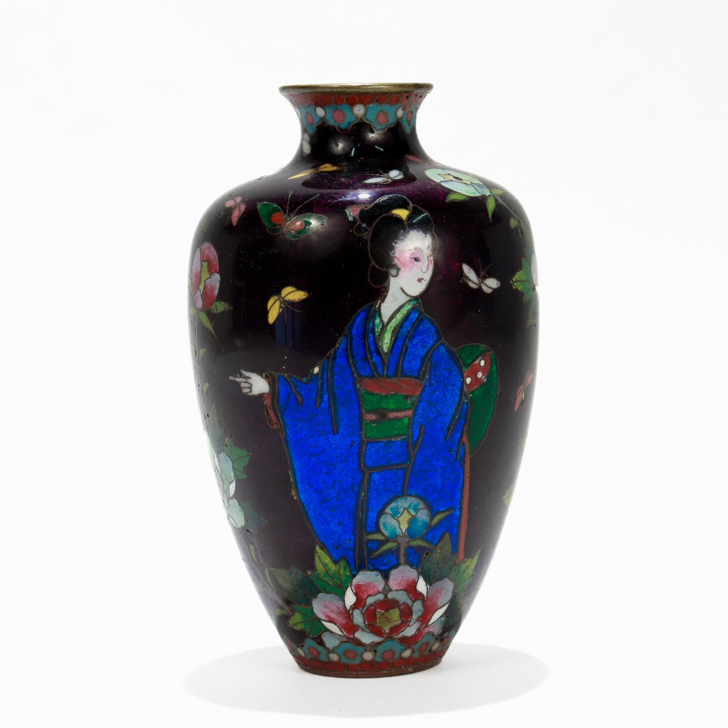 Showa Antique Japanese Cloisonne Enamel Cabinet Vase with Geisha & Flowers For Sale
