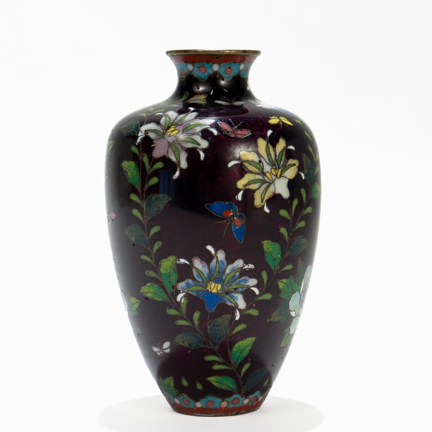 Brass Antique Japanese Cloisonne Enamel Cabinet Vase with Geisha & Flowers For Sale