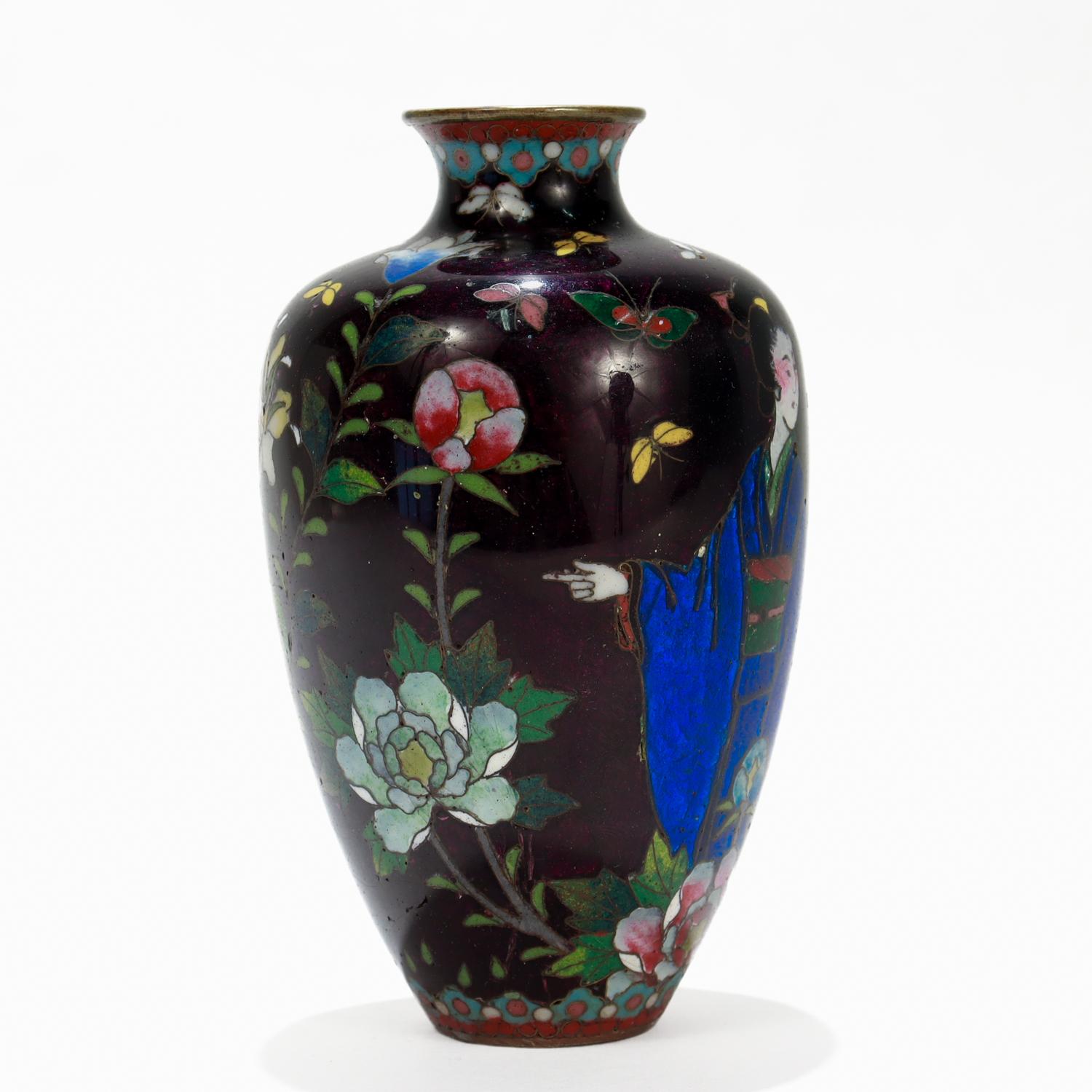 Antique Japanese Cloisonne Enamel Cabinet Vase with Geisha & Flowers For Sale 1