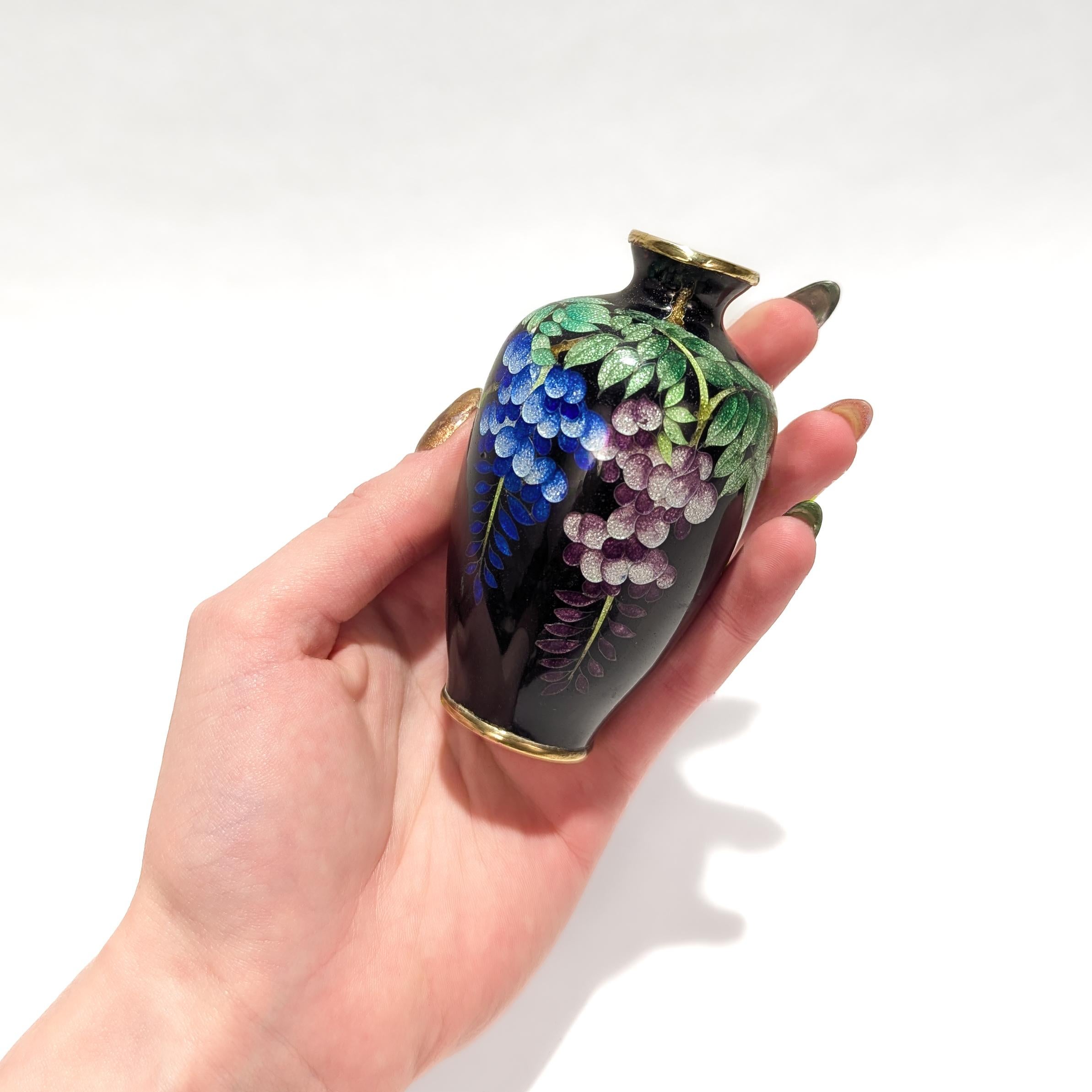 Vase de cabinet ancien en émail cloisonné japonais. 

Émail polychrome sur base en laiton. 

Décorée d'une branche d'arbre émaillée avec des fleurs de glycine bleues et violettes sur un fond d'émail noir.

Tout simplement un magnifique petit vase