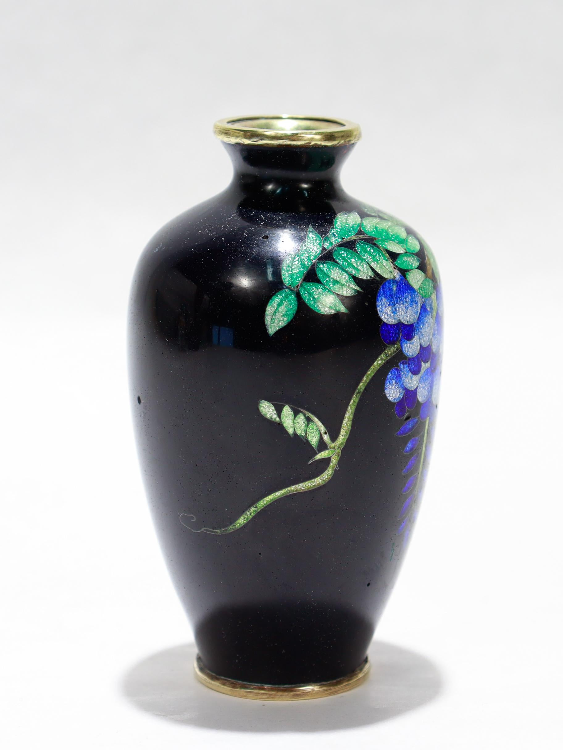 XIXe siècle Ancien vase de cabinet en émail cloisonné japonais avec glycine en vente