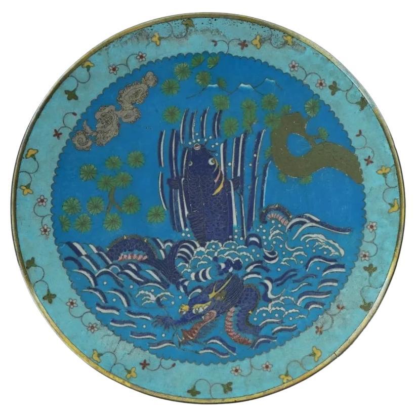 Antique Japanese Cloisonne Enamel Carp Fish Dragon Gate Plate For Sale