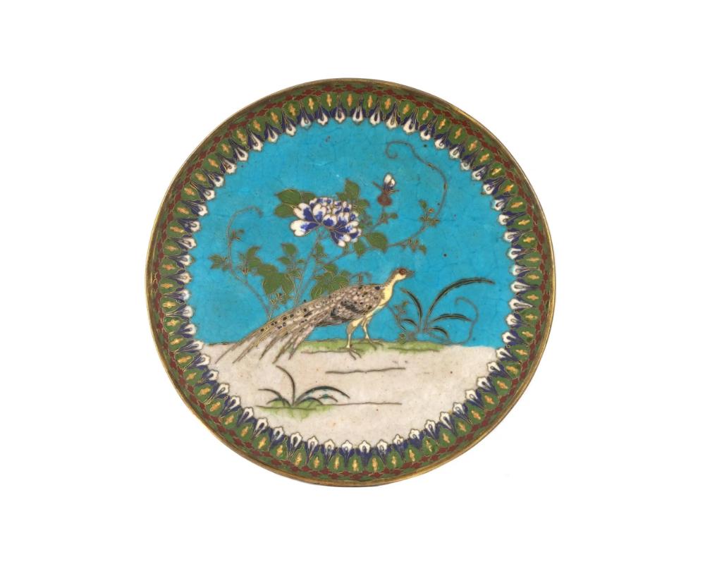 An antique, Meiji era, Japanese enamel over copper plate or charger. The interior of the plate is adorned with a polychrome enamel image of a peacock in a garden with blossoming flowers on the turquoise made in the Cloisonne technique. The borders