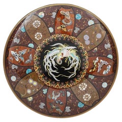 Antique Japanese Cloisonne Enamel Charger Plate with a Phoenix Bird Attributed t